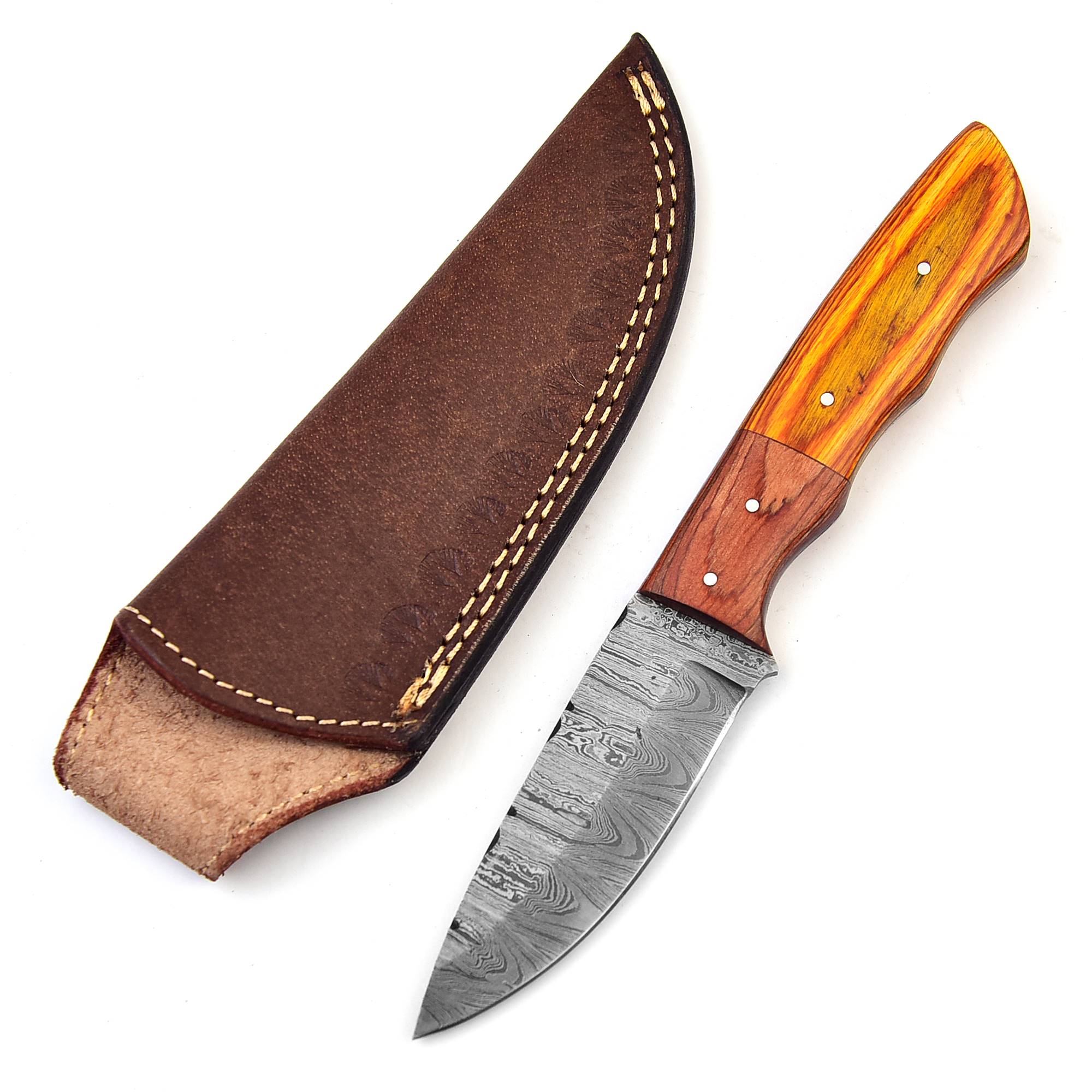 Dancing Flames Damascus Steel Full Tang Hunting Knife | Leather Sheath Included