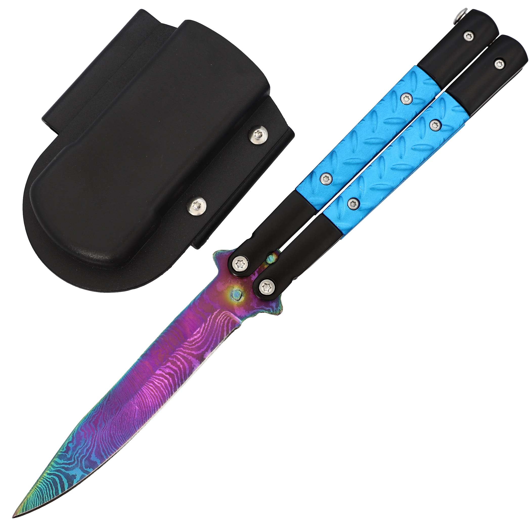 Azure Sky Butterfly Knife with Hard ABS Sheath | Titanium Damascus Steel | Drop Point Blade