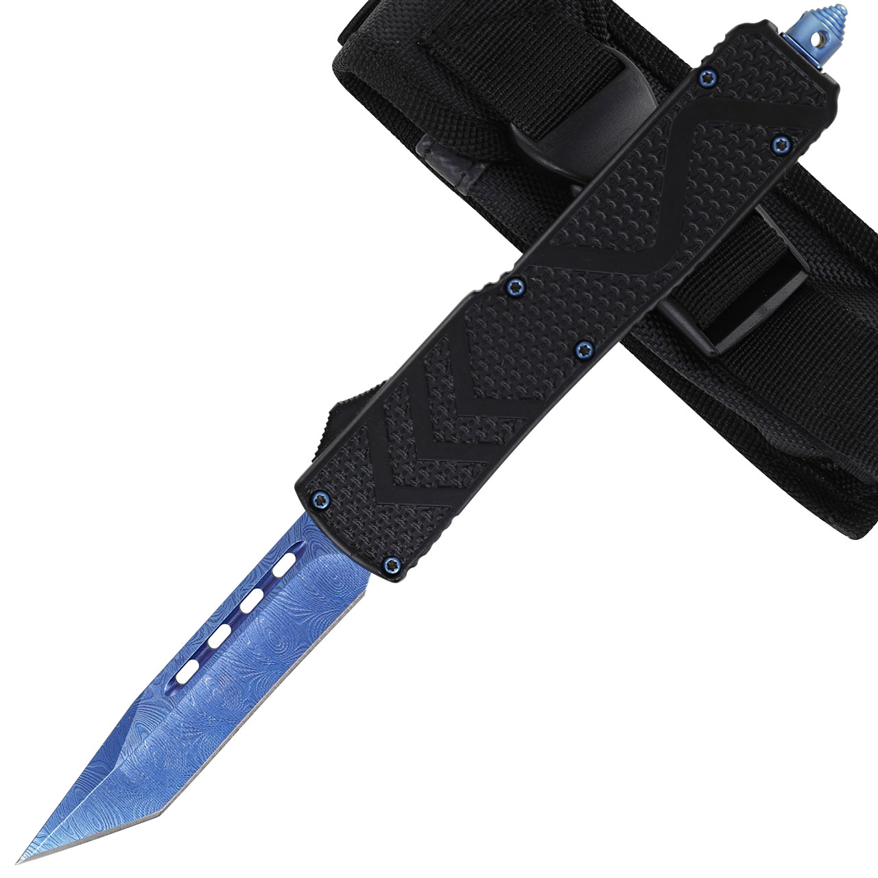 SKY Blue OTF Automatic Knife with Tanto Blade - Textured Grip & Free Nylon Pouch