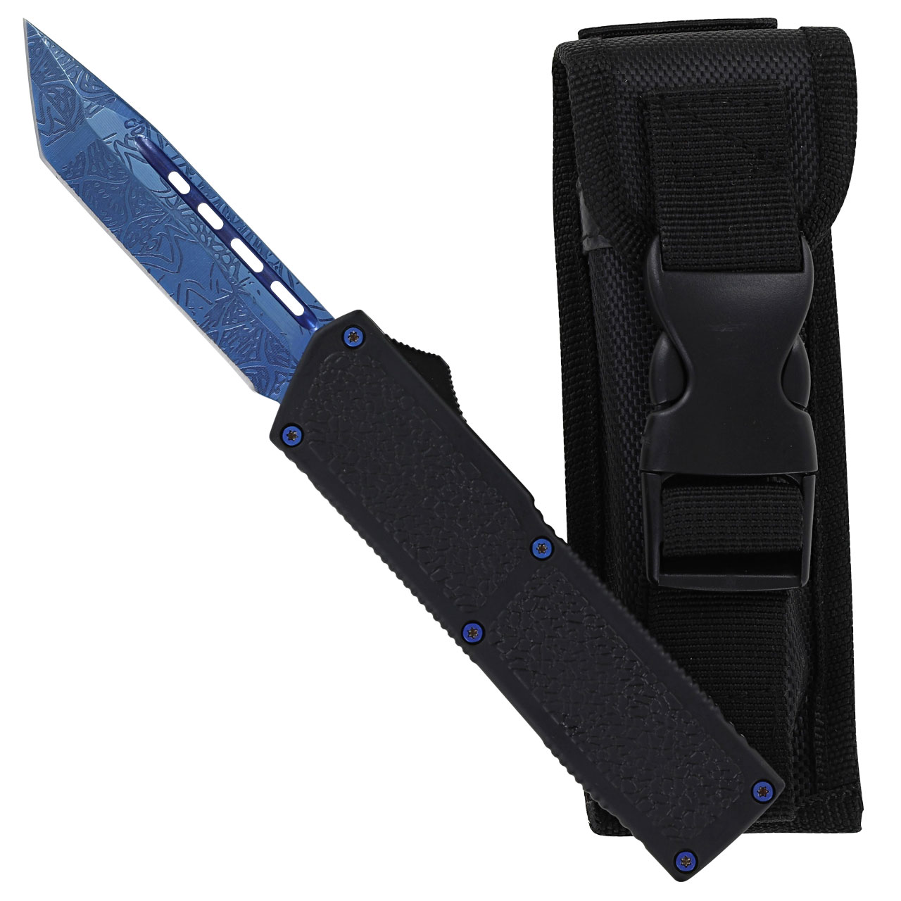''SKY Blue Tanto Blade, Black Handle with Non-Slip Grip, and Matching Accessories''