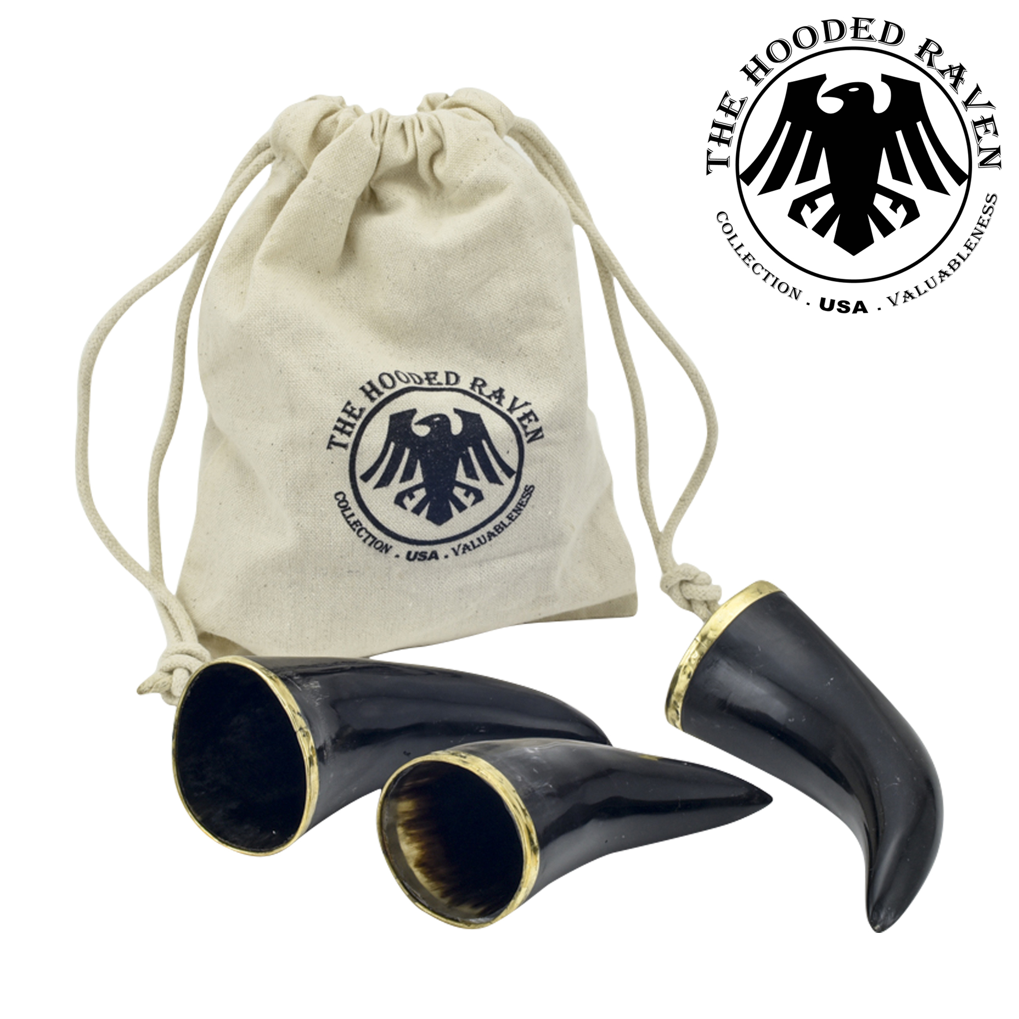 The Hooded Raven ? 3-Piece Drinking Horn Shot Set Canvas BAG Carrier Included