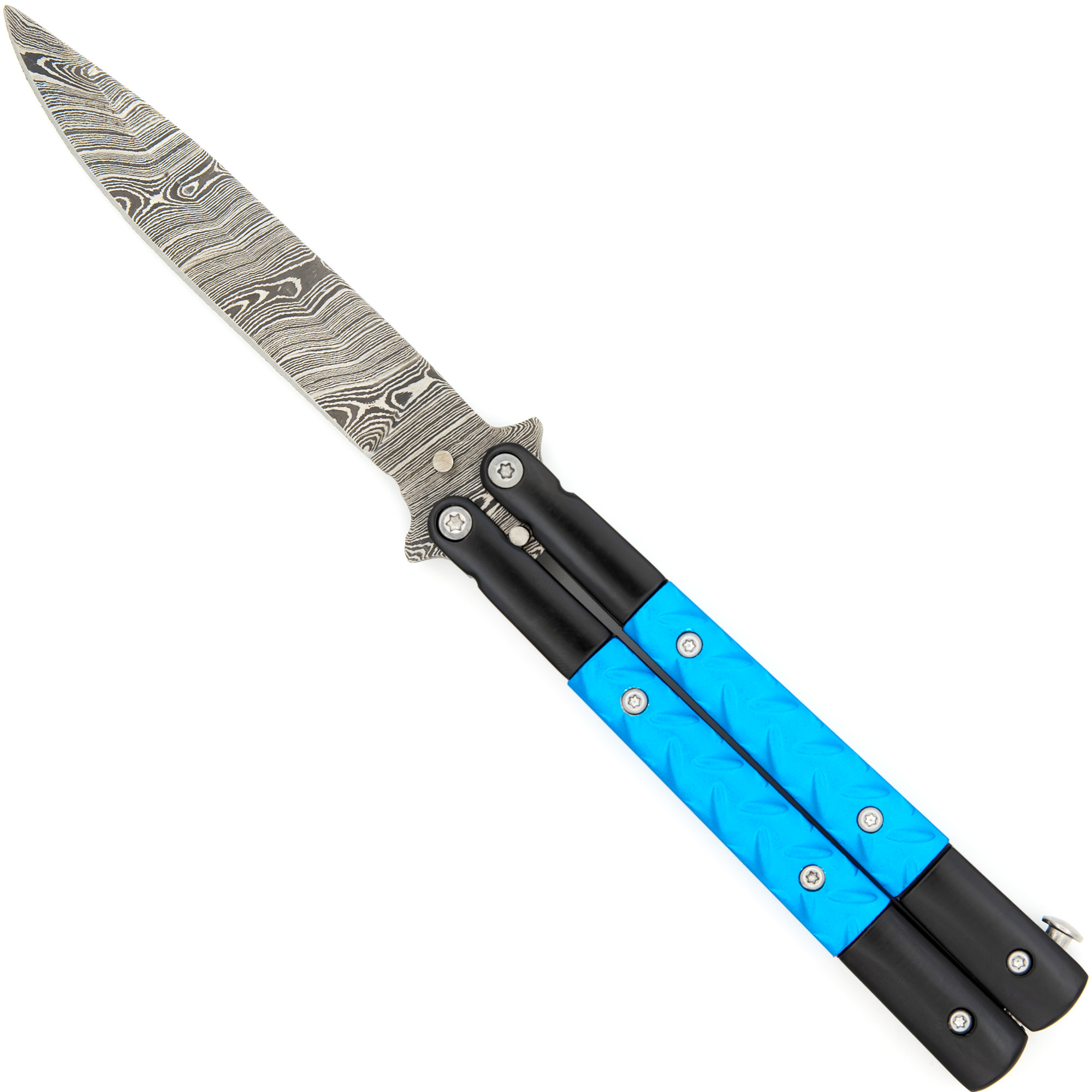 Azure Sky Butterfly Knife with Hard ABS Sheath | Damascus Steel | Drop Point Blade