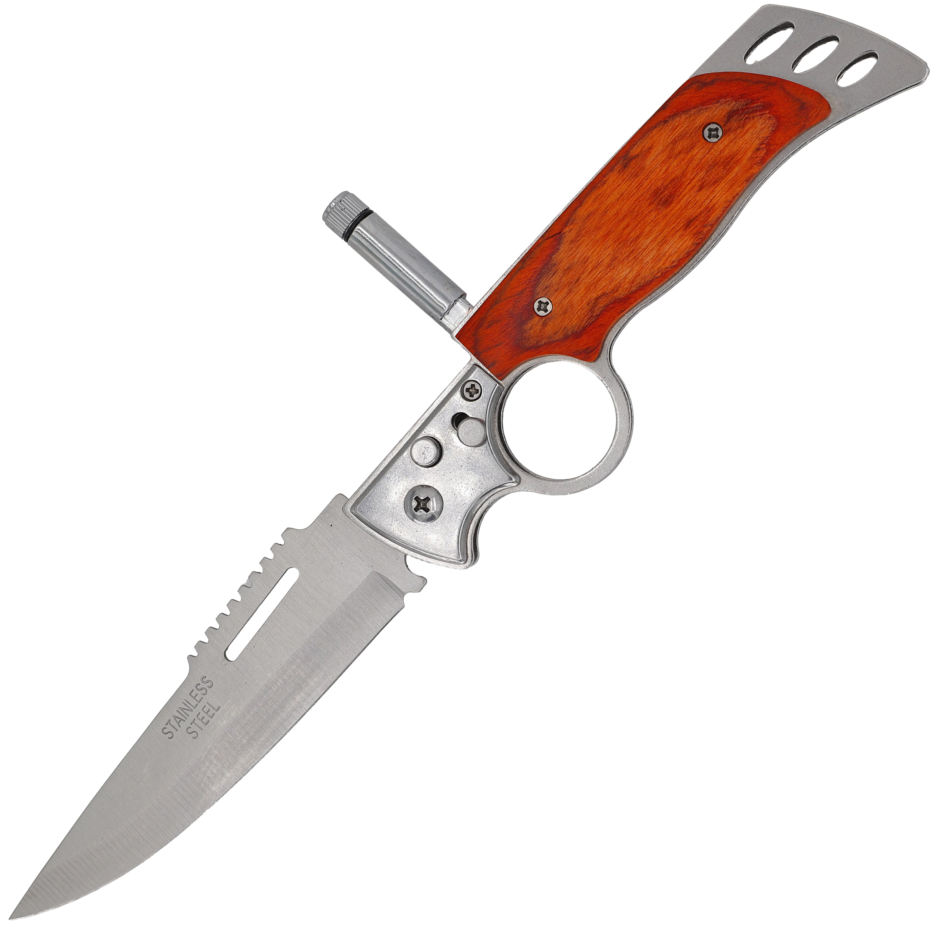 ''Skilled Pioneer Automatic Single Action Stainless Steel Drop Point Switchblade w/ Wooden Handle Sca