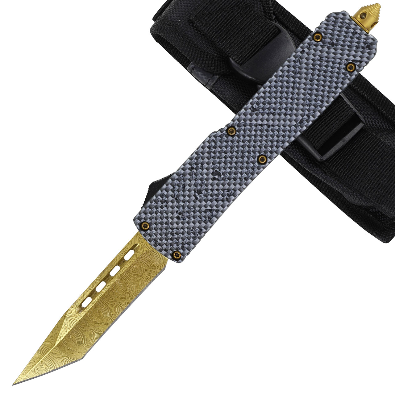 Tactical OTF Automatic Knife with Gold Finish w/ Free Nylon Pouch