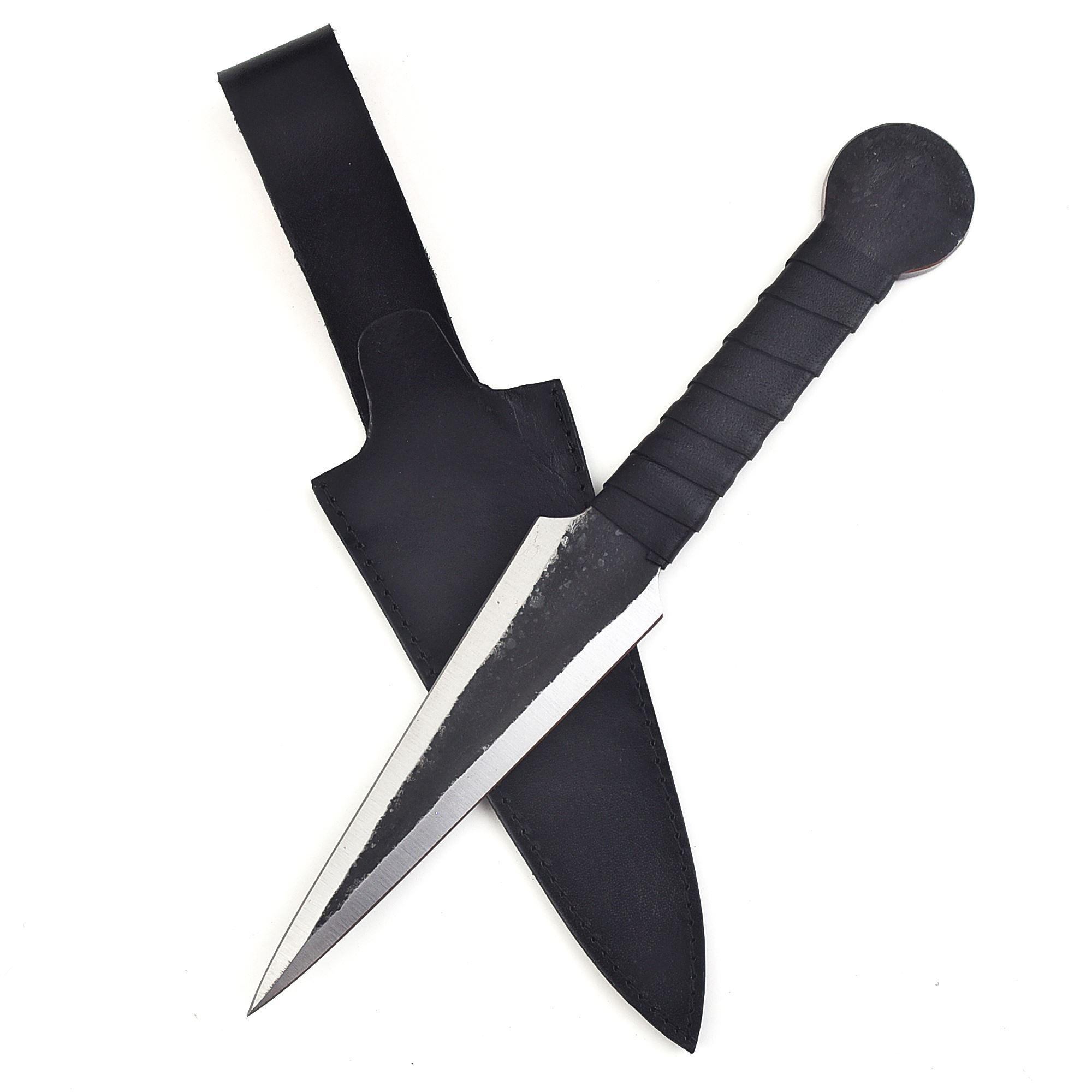 ''THROWING KNIFE Style Dagger with Carbon Steel Blade, Black leather wrapped handle and Damascus Stee