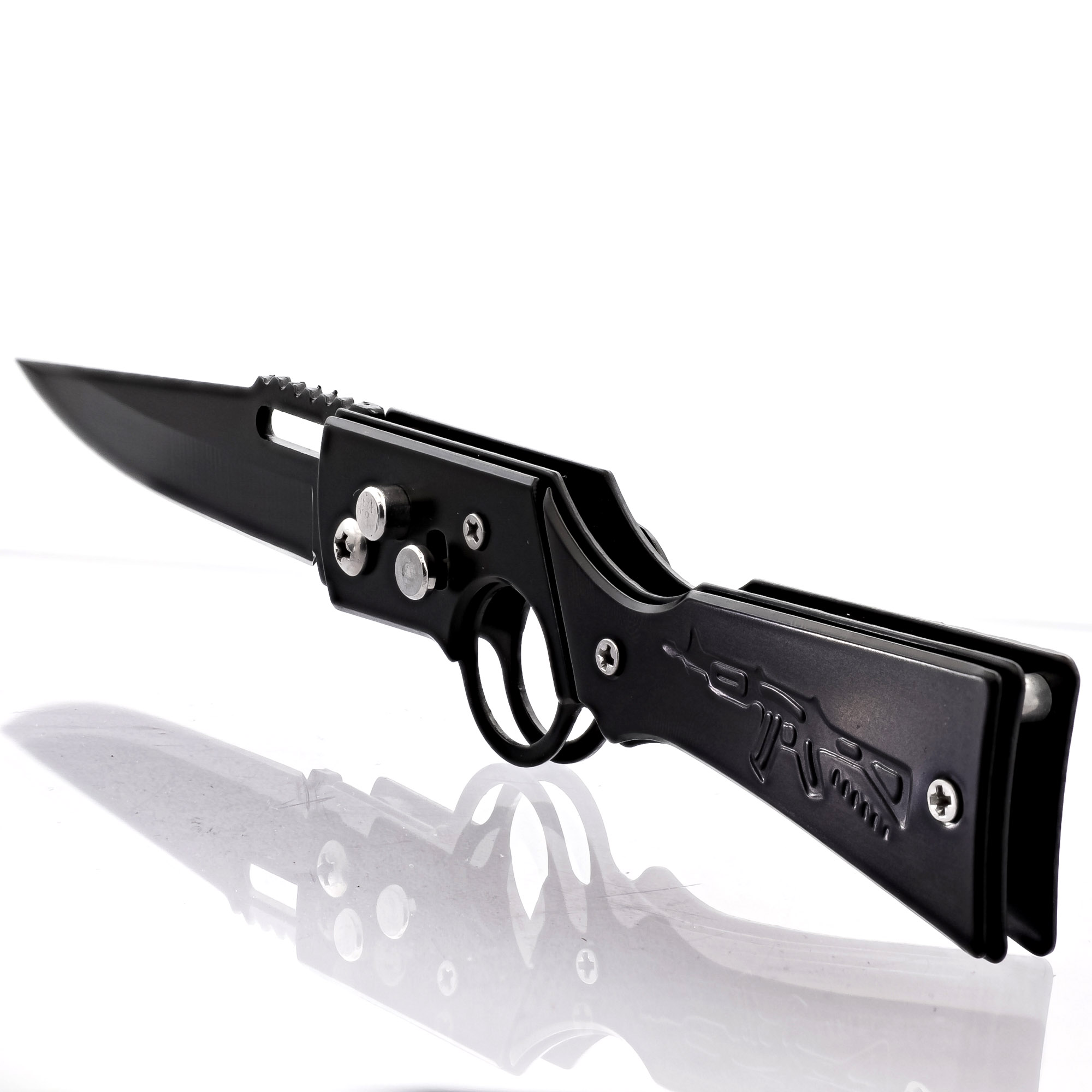 ''Full AUTO AUTOmatic Rifle Shaped Handle Motif Trailing Point Black Anodized Blade w/ Finger Hole, B