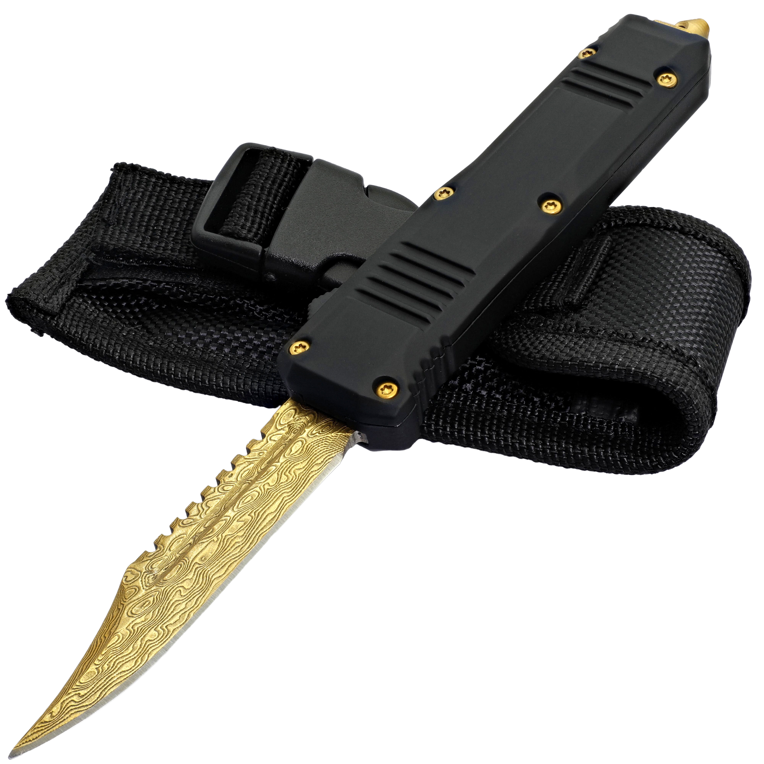 Evident Style Gold Damascus Steel Clip Point Out the Front OTF Knife w/ Golden Hardware Belt Clip Gl