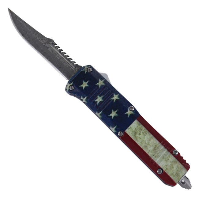 Red White and Blue-Blooded Damascus Steel Automatic OTF KNIFE