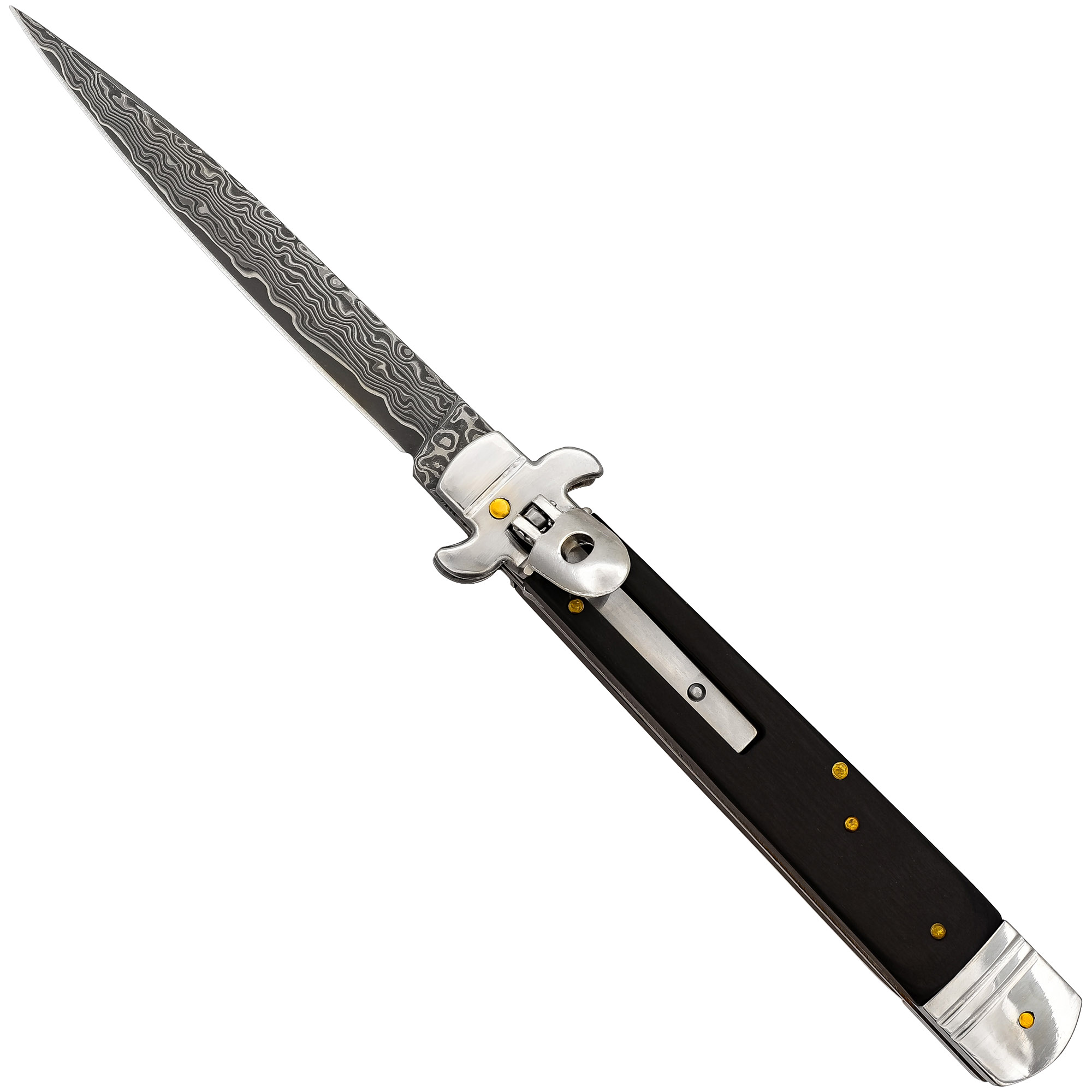 Sleepwalker Lever Lock Damascus Steel Stiletto Knife | Black Wood & Automatic Function