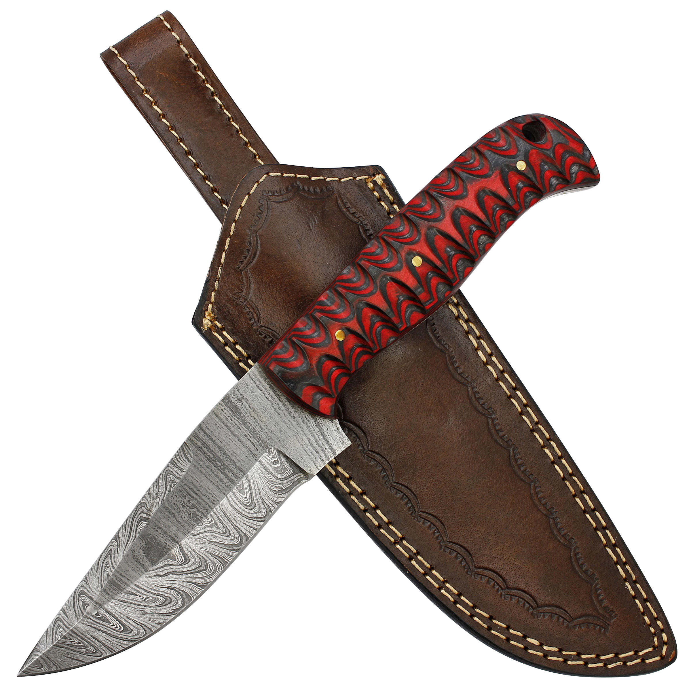 Twirling Crimson Hand Forged Full Tang Damascus Steel Small Medium Game Hunting Knife w/ Genuine Lea