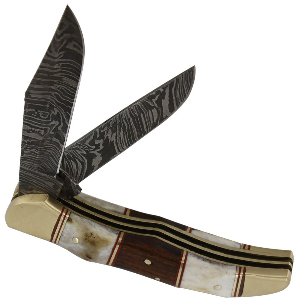 Double Bladed Stag Damascus Folding Knife