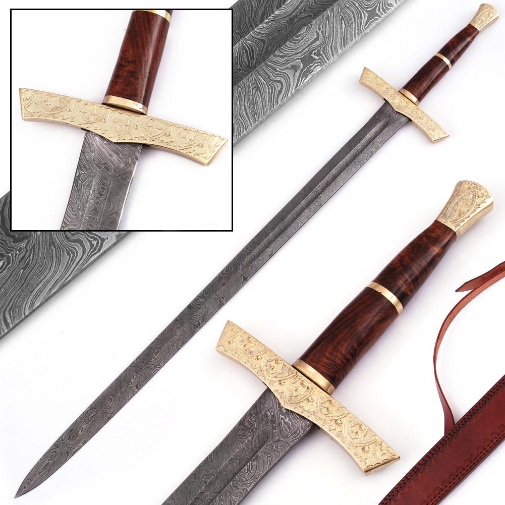 Elite Duelist Damascus SWORD Floral Engraved Brass Guard and Pommel Leather Sheath Included