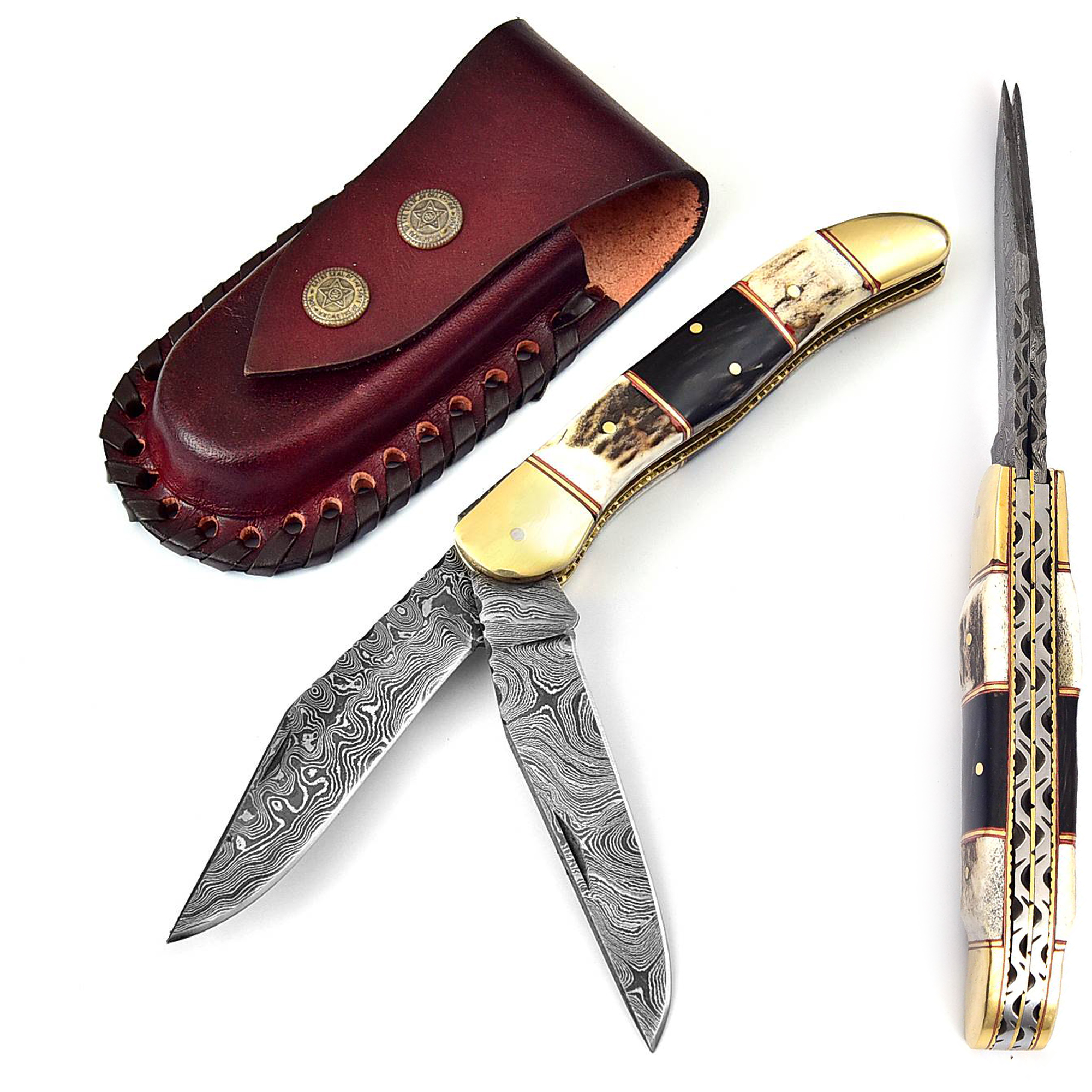 Double Blade Guild Stag Damascus Steel Pocket KNIFE | Buffalo Horn Insert |