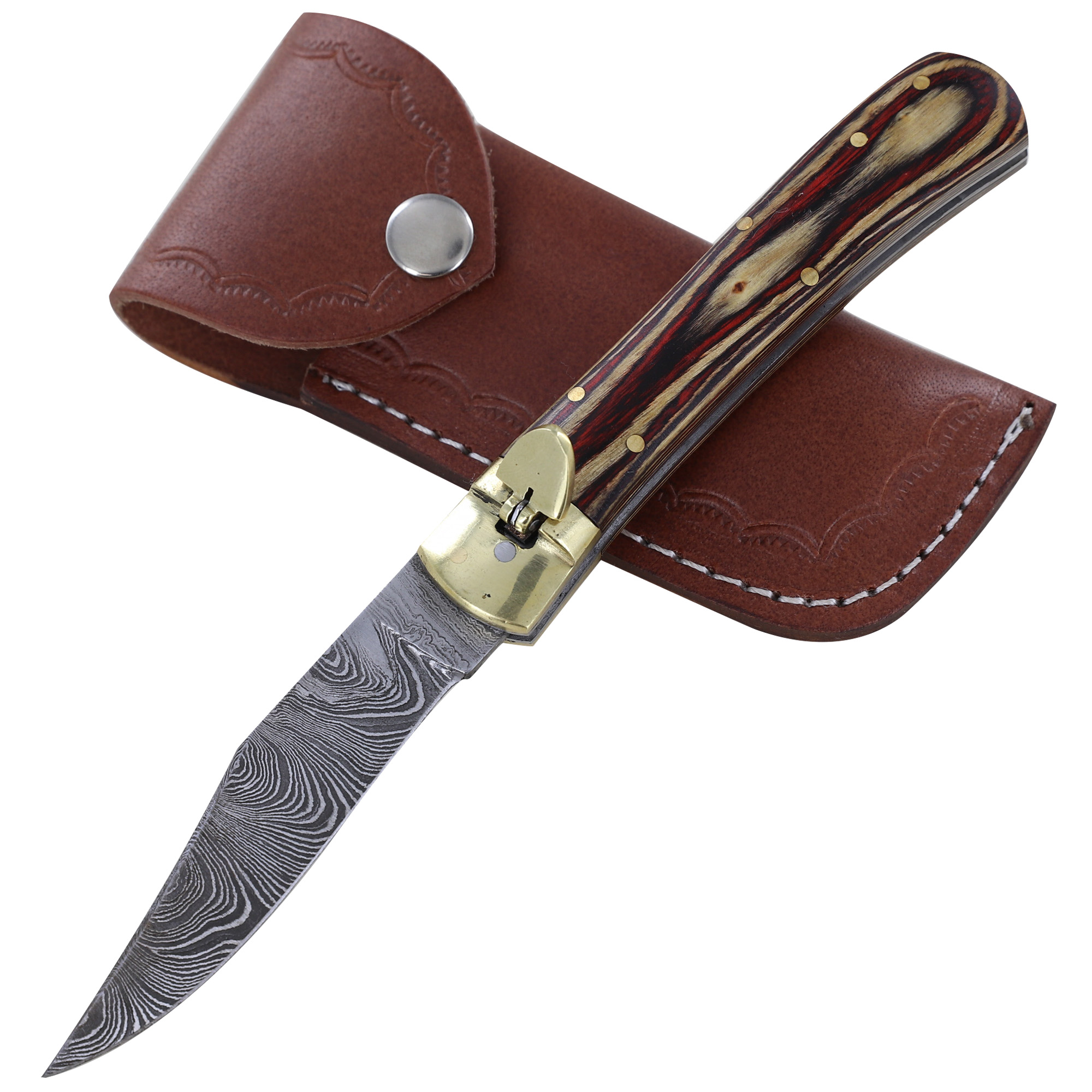 Cinnamon and Cayenne Damascus Clip Point Automatic SWITCHBLADE Lever Lock Knife