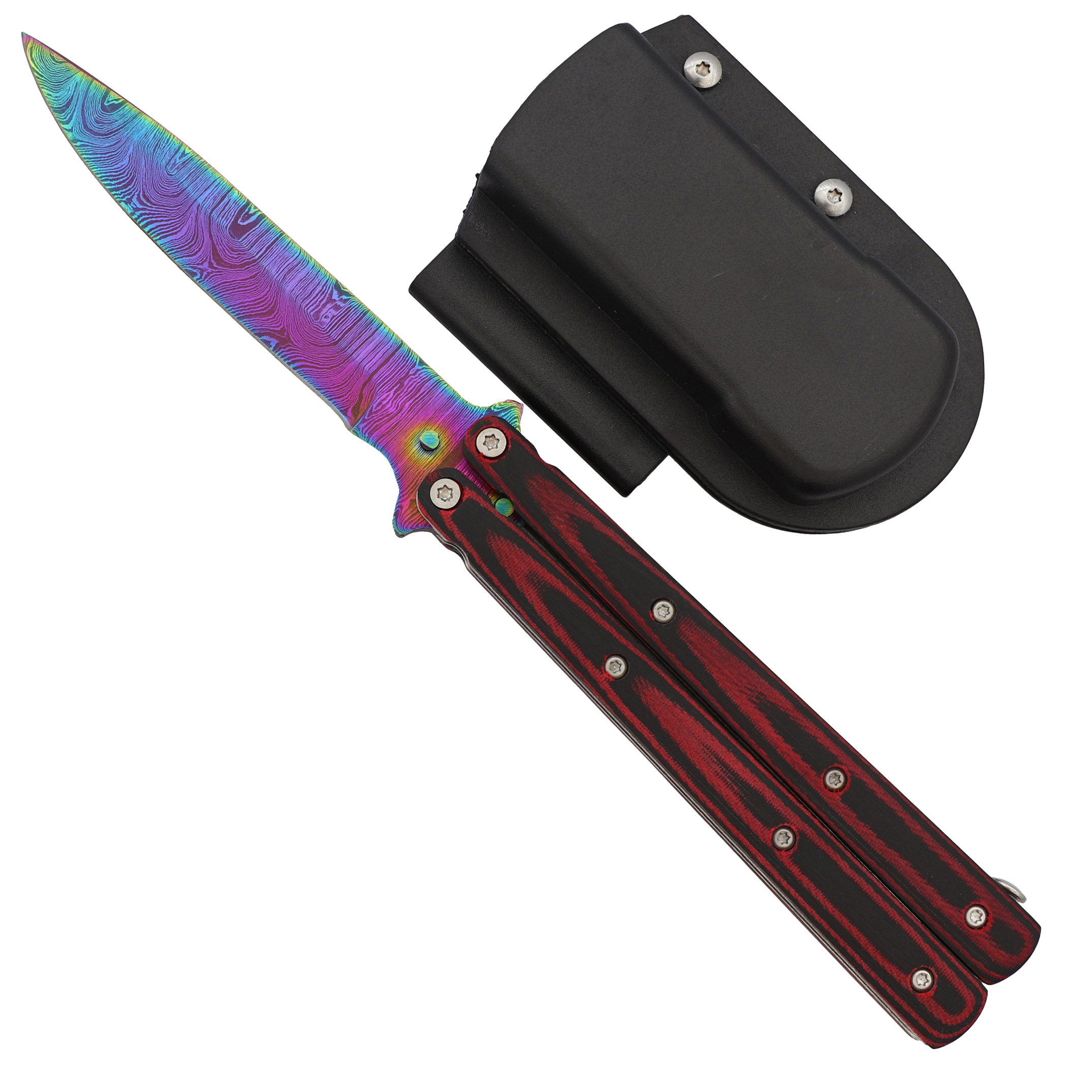 Micarta Simple Butterfly Red & Black Knife w/ ABS Belt Holster | Titanium Damascus Steel Blade | Dro