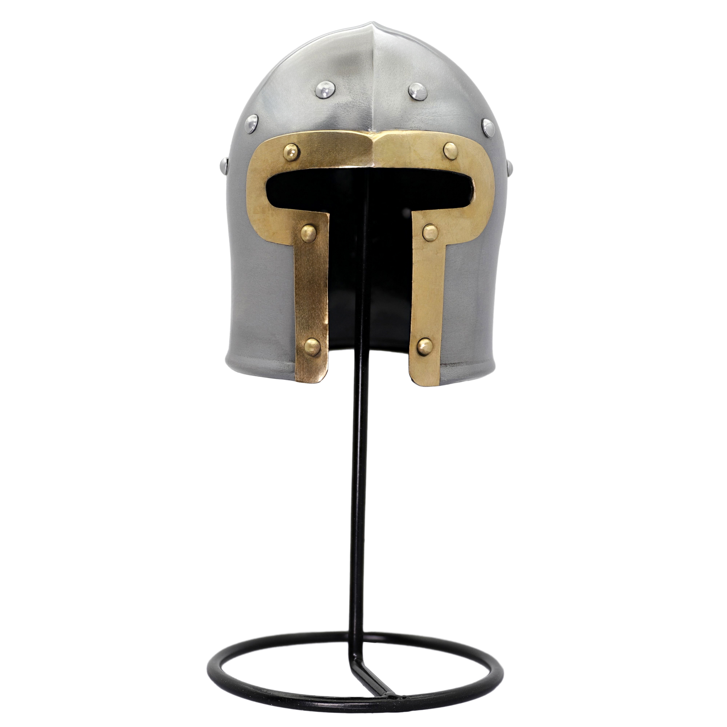 Warrior?s Narration Miniature 20G Steel Barbuta Barbute Helm Helmet Display Piece w/ Iron Stand & Br