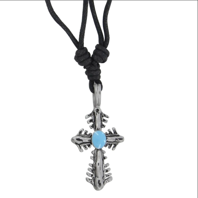Gothic Cross Pewter NECKLACE Blue