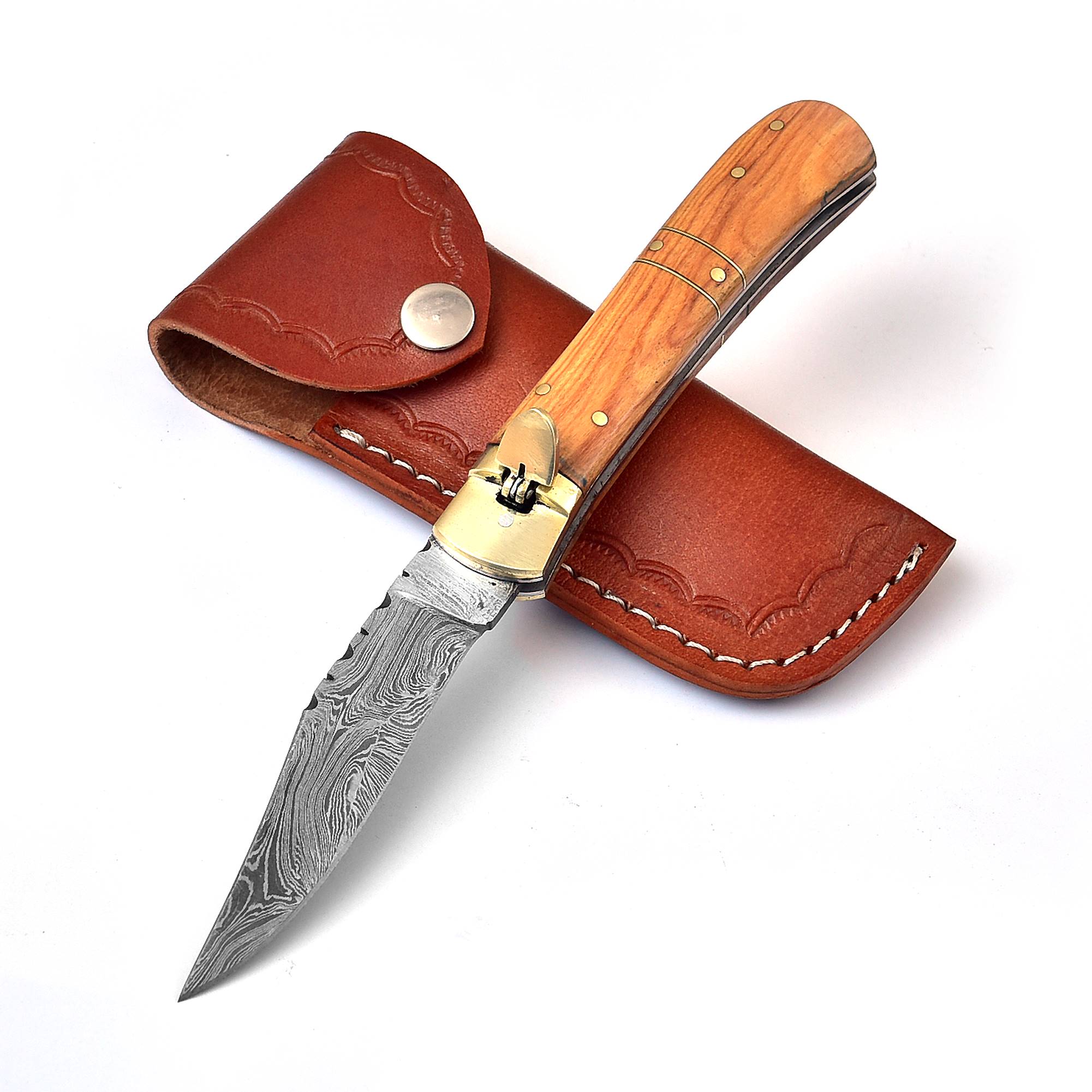 Land of Behemoths Clip Point Automatic Damascus Lever Lock KNIFE