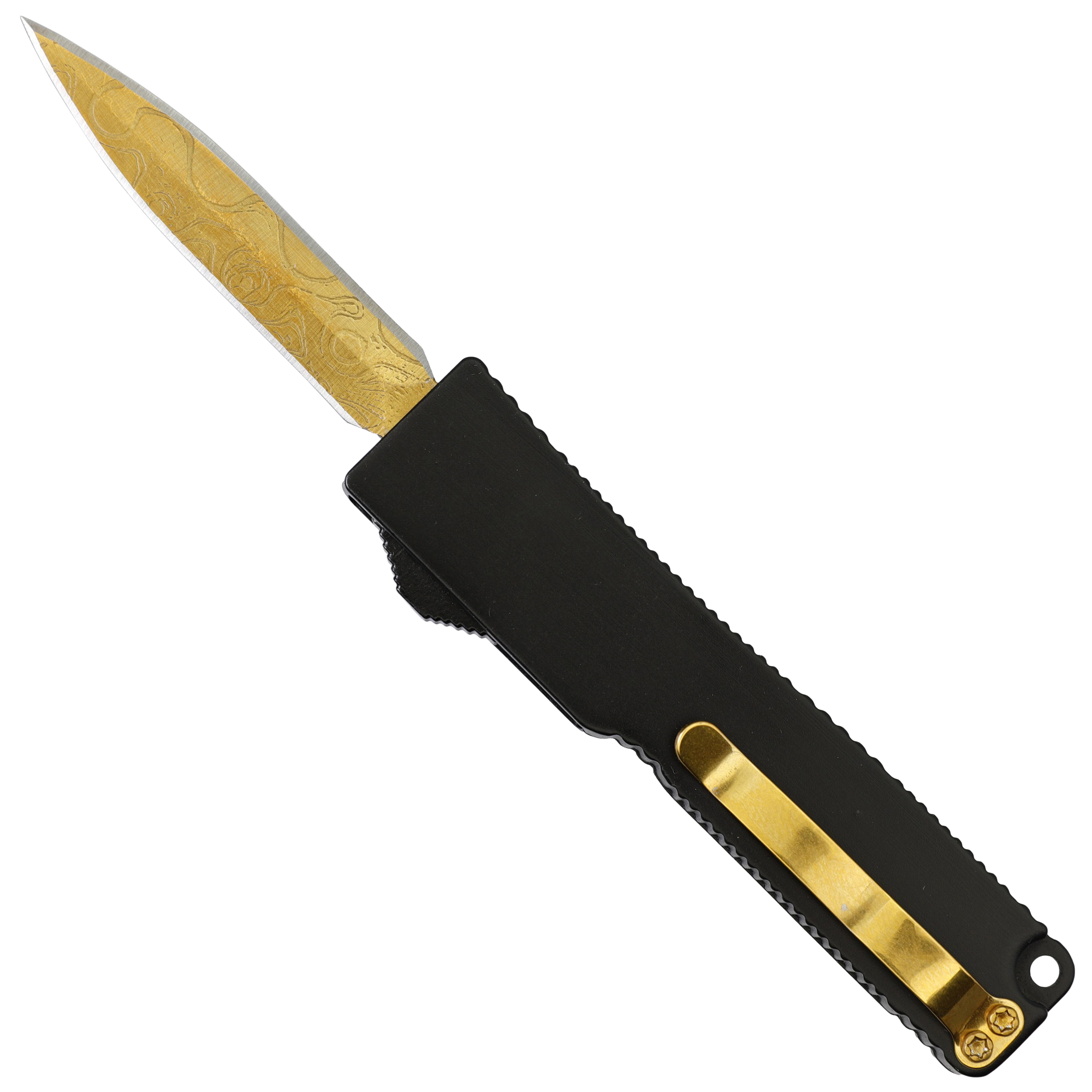 Golden Drift CALIFORNIA Legal Damascus Textured Double Edge Gold Blade OTF Out the Front Knife w/ Be