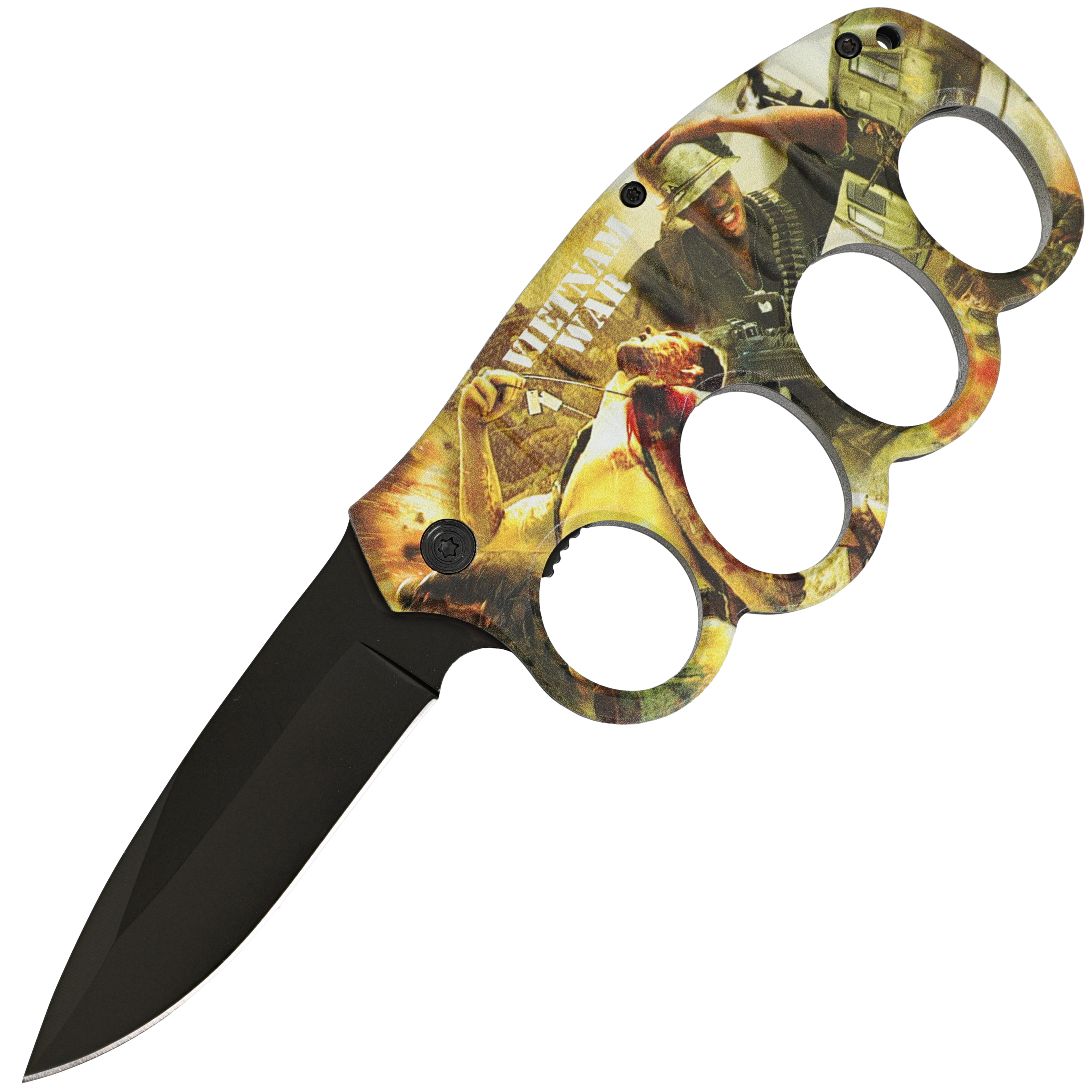 Spring Assist Trench 4 Finger Knuckle Knife Black Blade w/ Belt Clip & LANYARD Hole