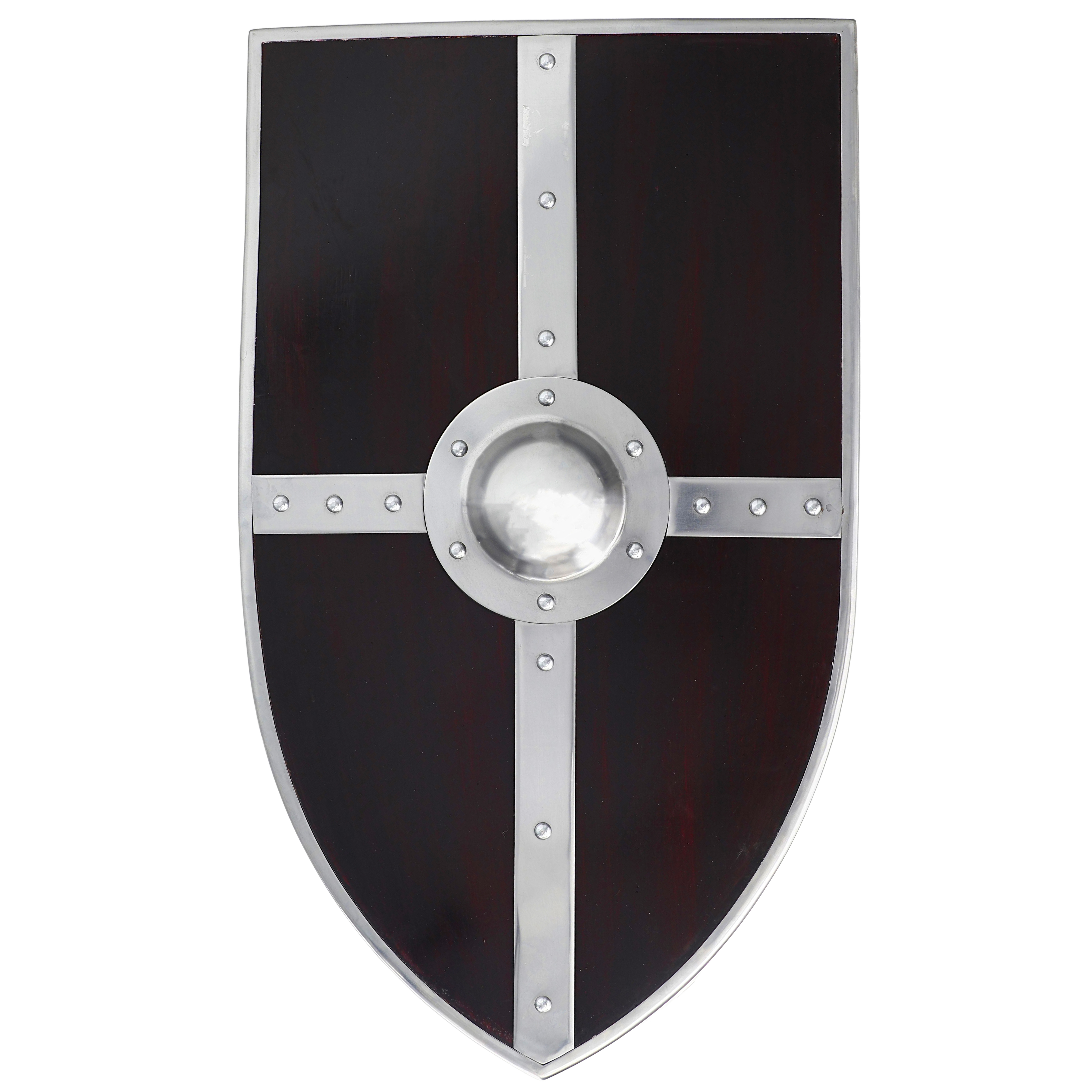 Crusader Knight's Battle Shield with Red Cross Emblem and Polished Steel Finish