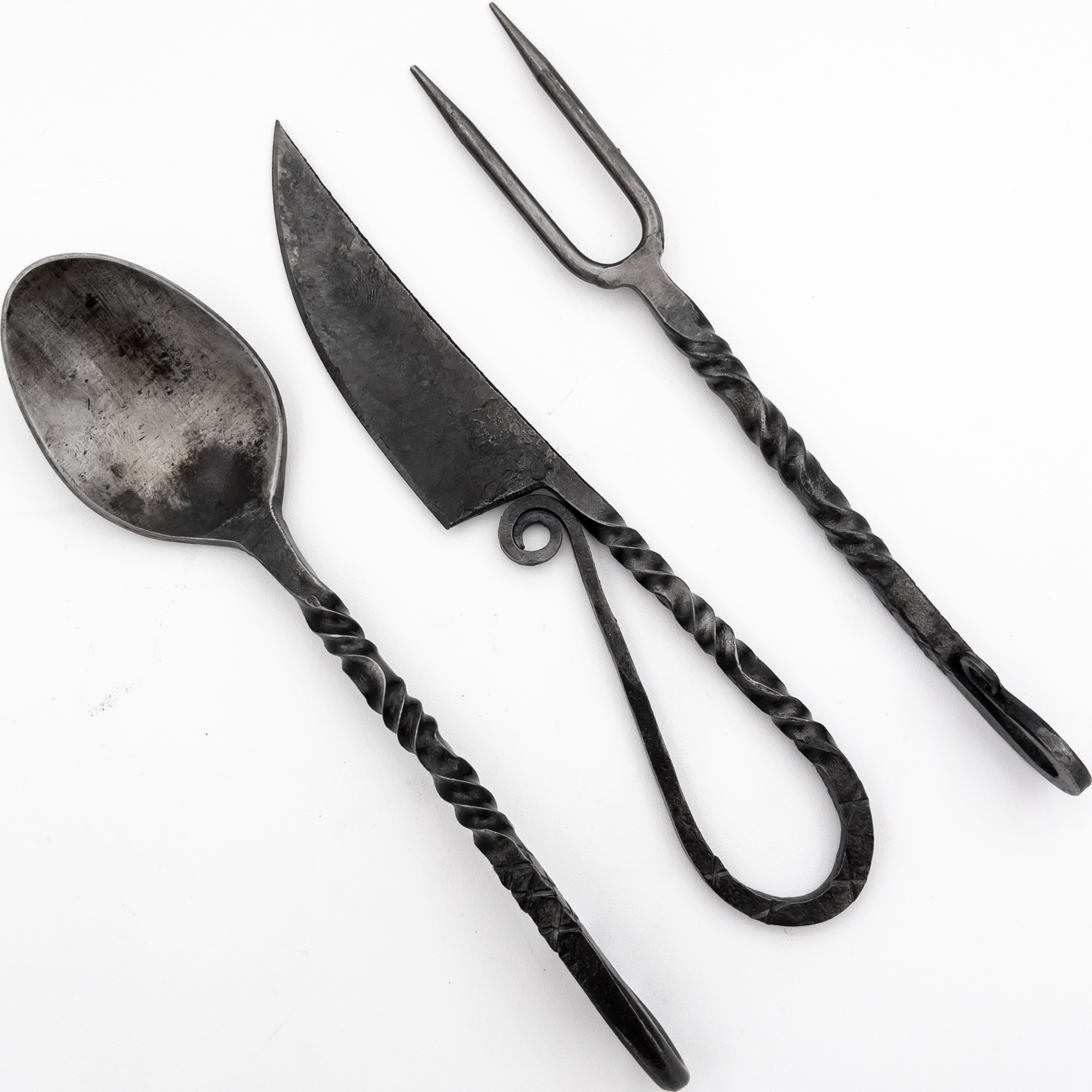 ''Orange Glow 3PC Set Medieval Iron Silverware Fork, Spoon, and Knife''