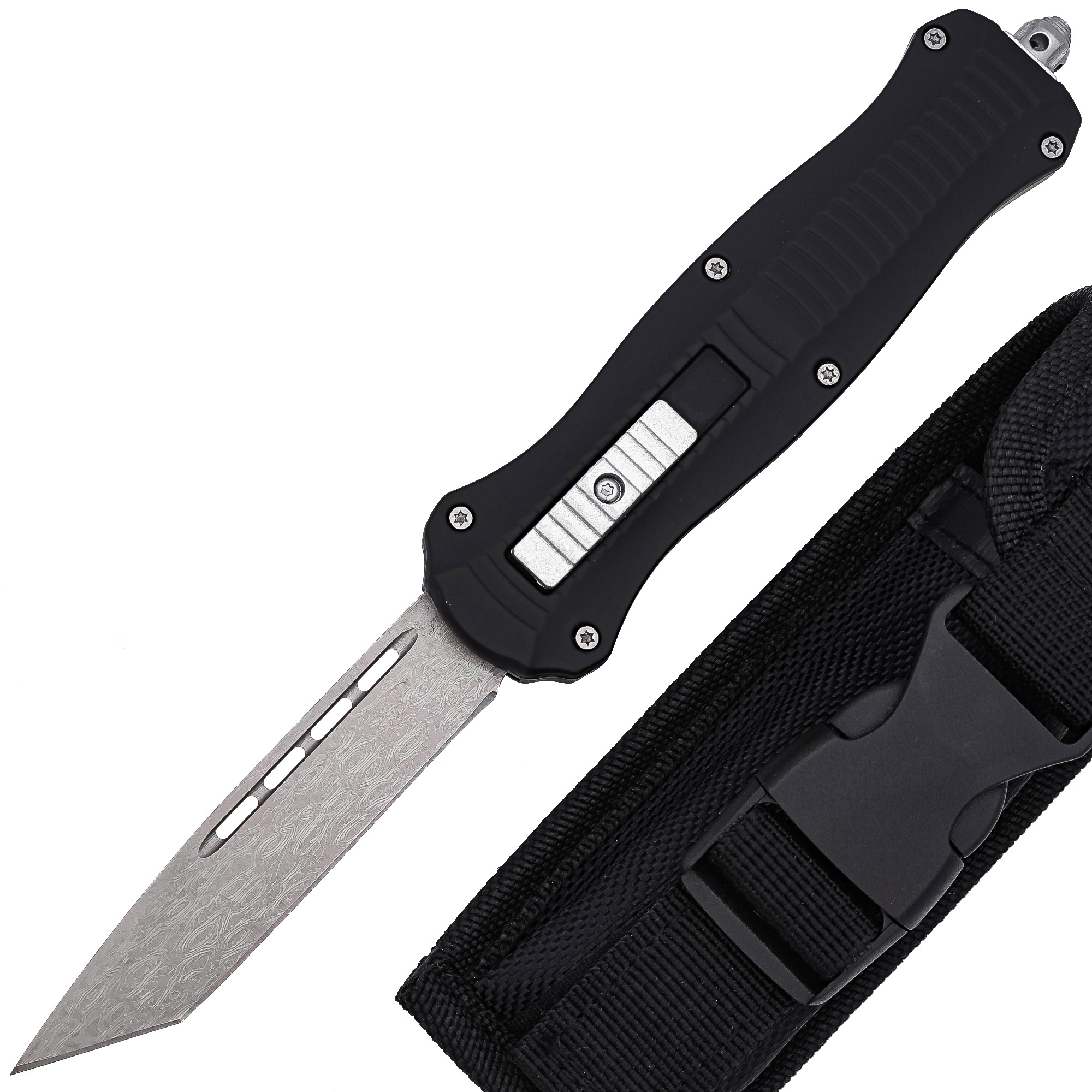 Moon in Heavens Damascus Steel Automatic OTF Knife | High Carbon Steel Tanto Blade w/ FREE Nylon Pou