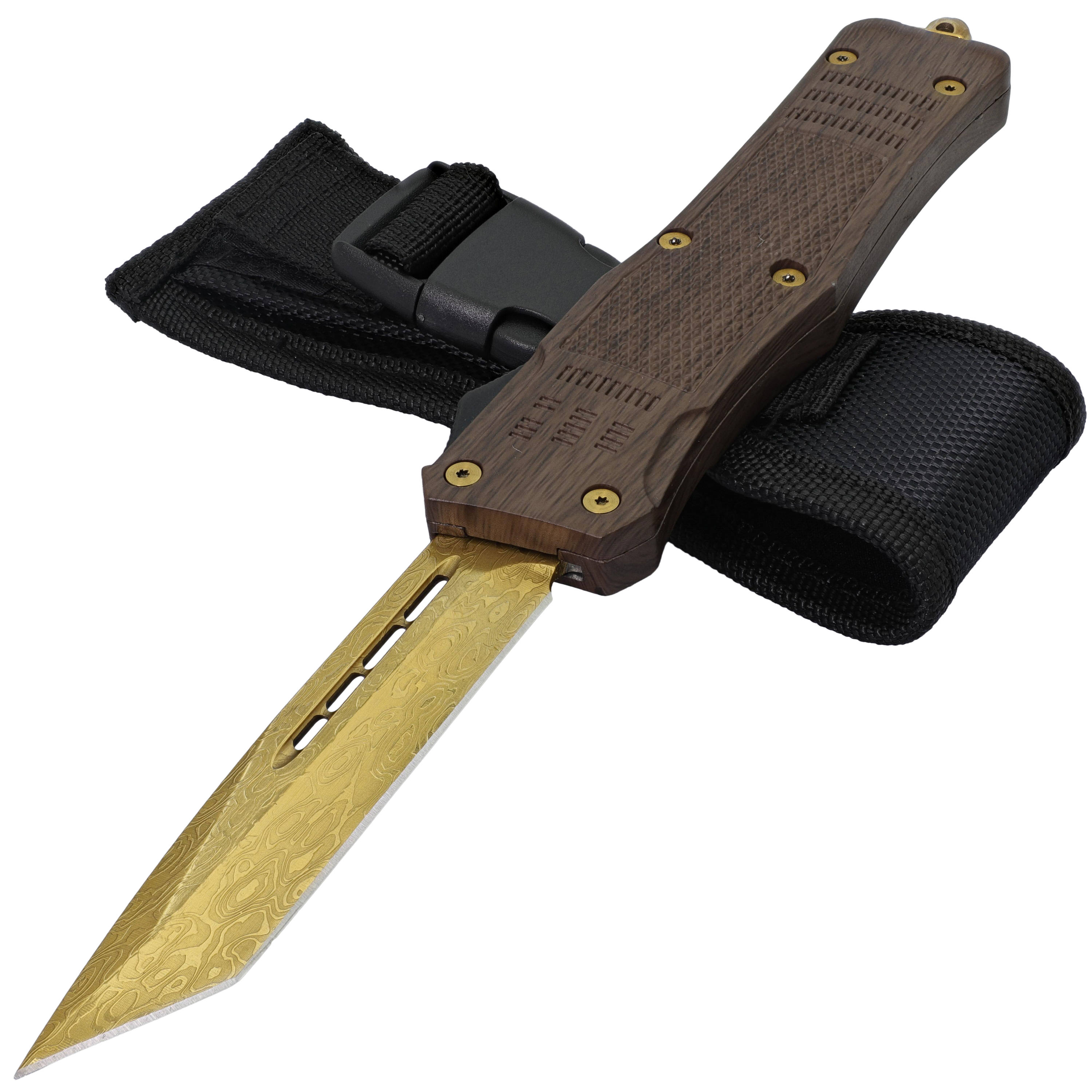 Dawn Aglow Automatic Textured Tanto Golden Blade & Wood Finish Handle OTF Out the Front Knife w/ Bel