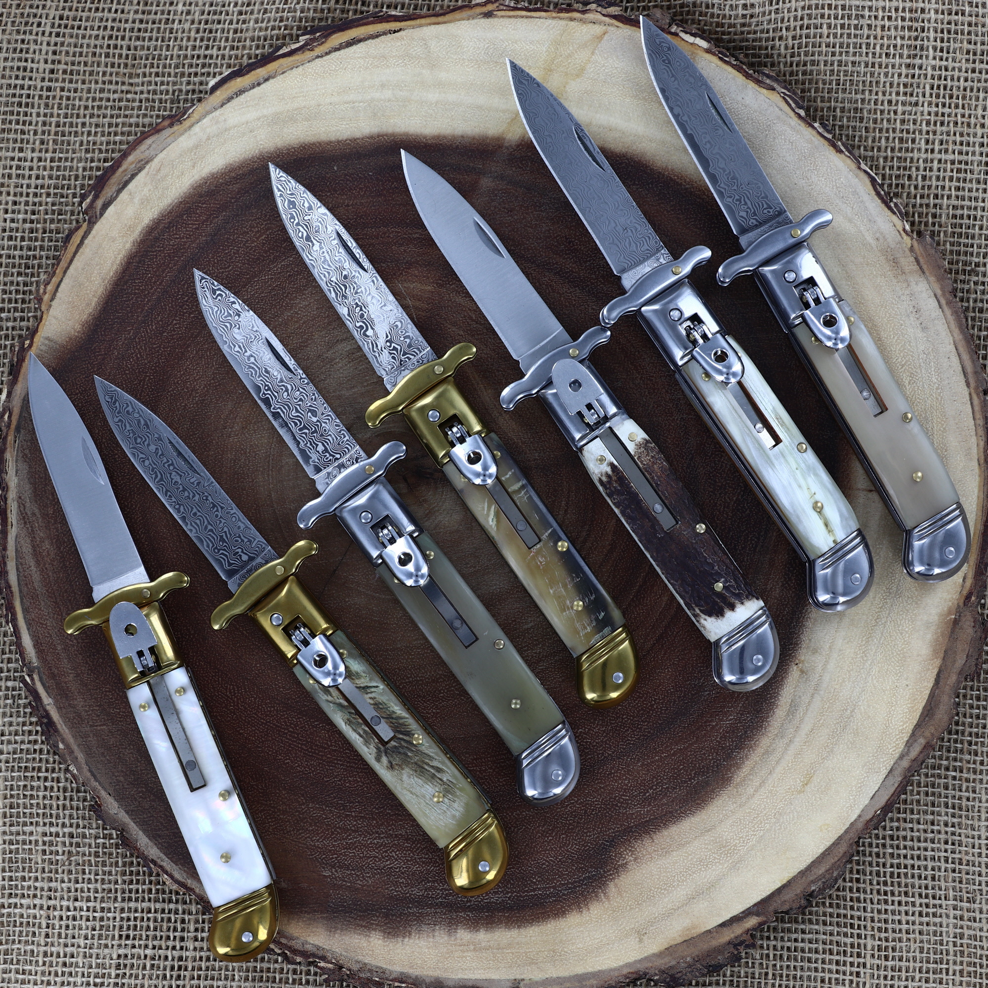 Organic Steel Automatic Lever Lock Stiletto KNIVES Choice of 7 Horn and Pearl Grips Damascus/ Stainl