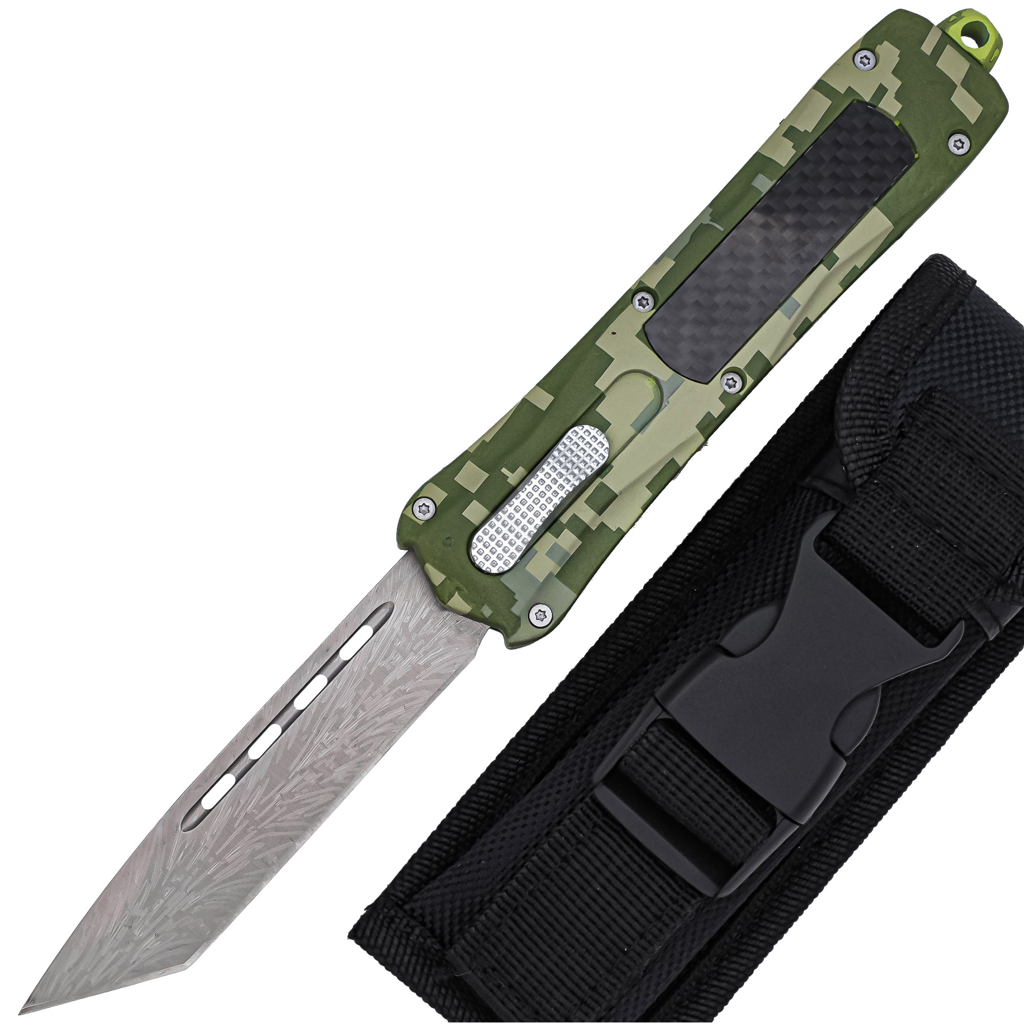 CAMOUFLAGE Damascus Tanto OTF Knife - Tactical Silhouette Series