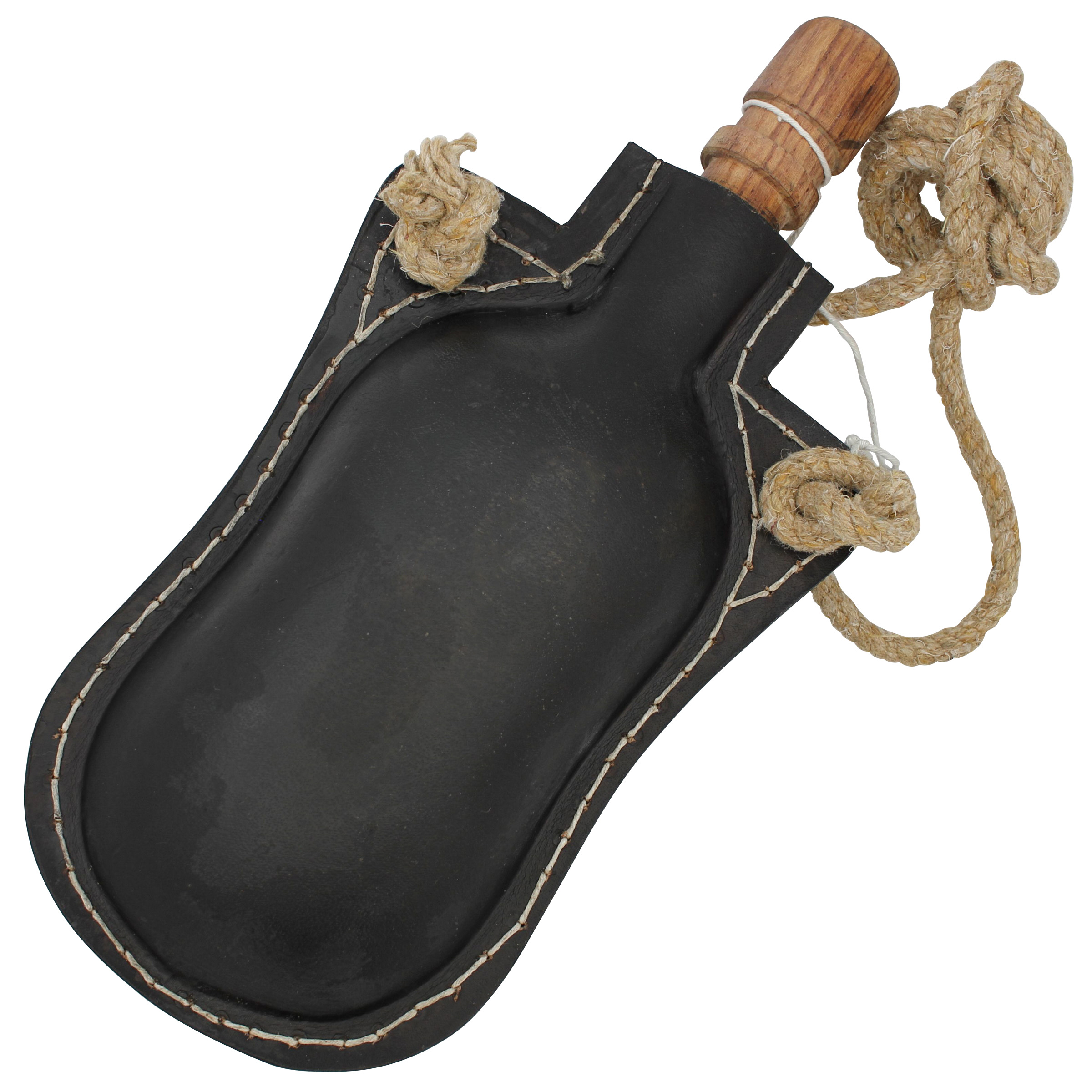 Adam?s Ale Functional 48 oz. Genuine Black Leather Drinking Canteen Bottle w/ Rope STRAP & Wooden St