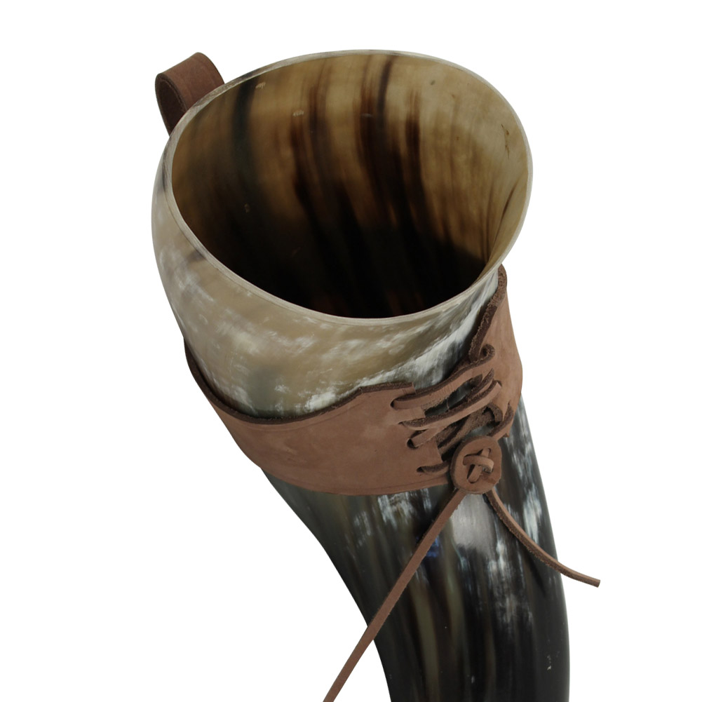XL Drinking Horn with Brown LEATHER BELT Frog