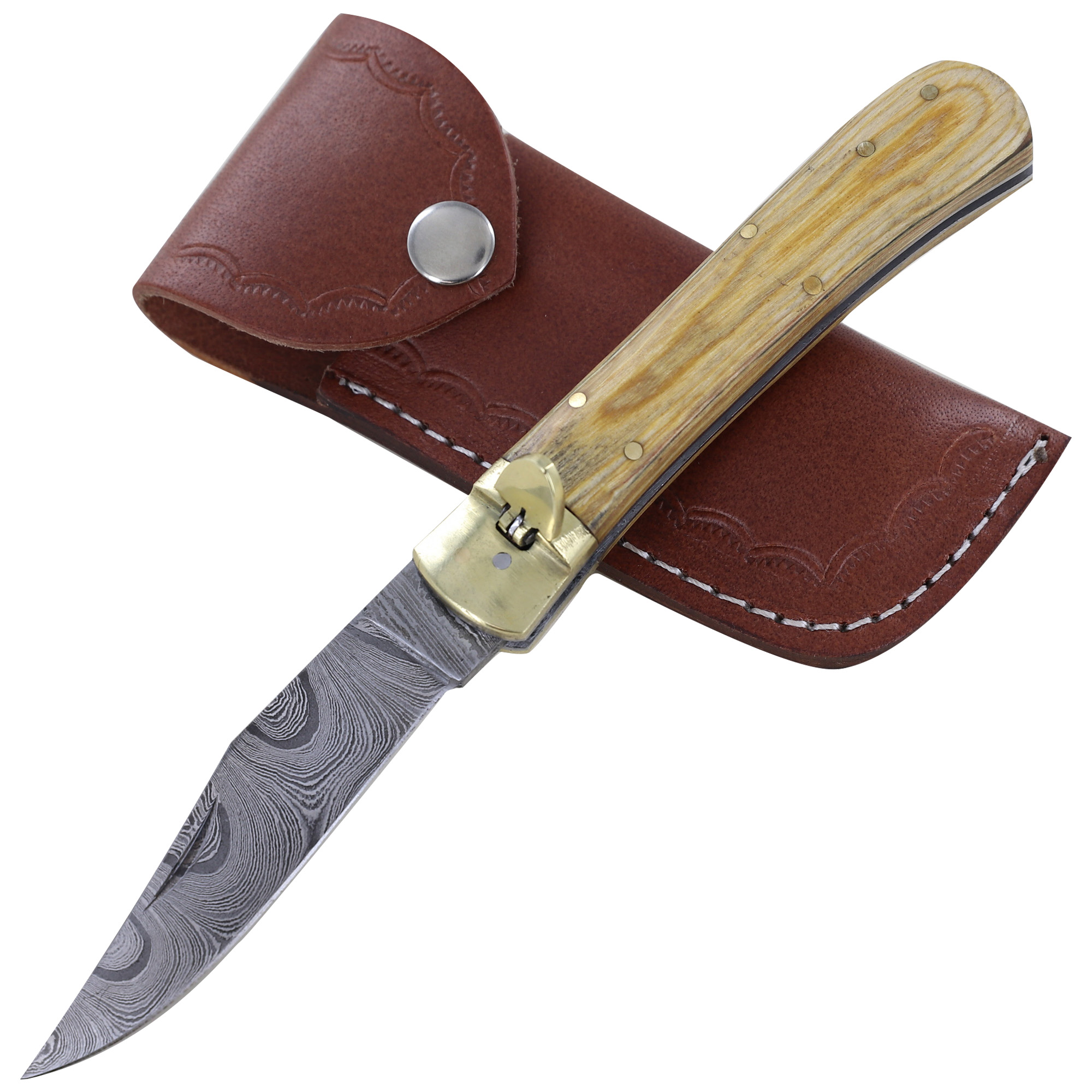 Wooden Halo Damascus Clip Point Automatic SWITCHBLADE Lever Lock Knife