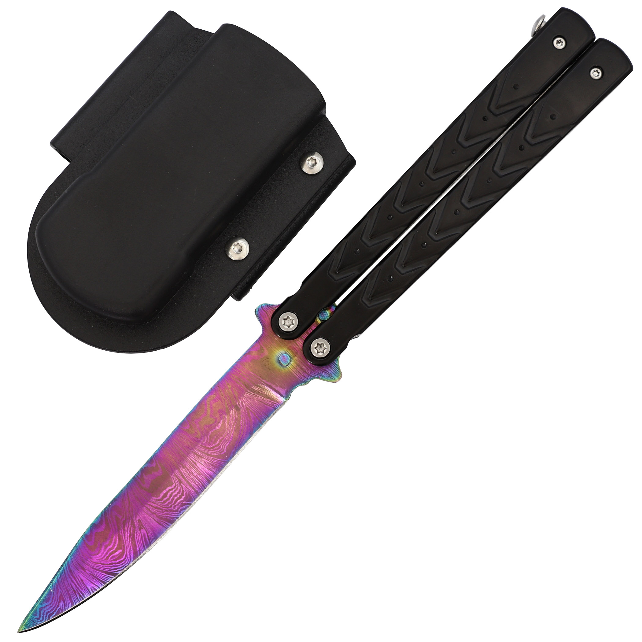 Black Butterfly Balisong Knife with Hard ABS Sheath | Drop Point Blade | Titanium Damascus Steel