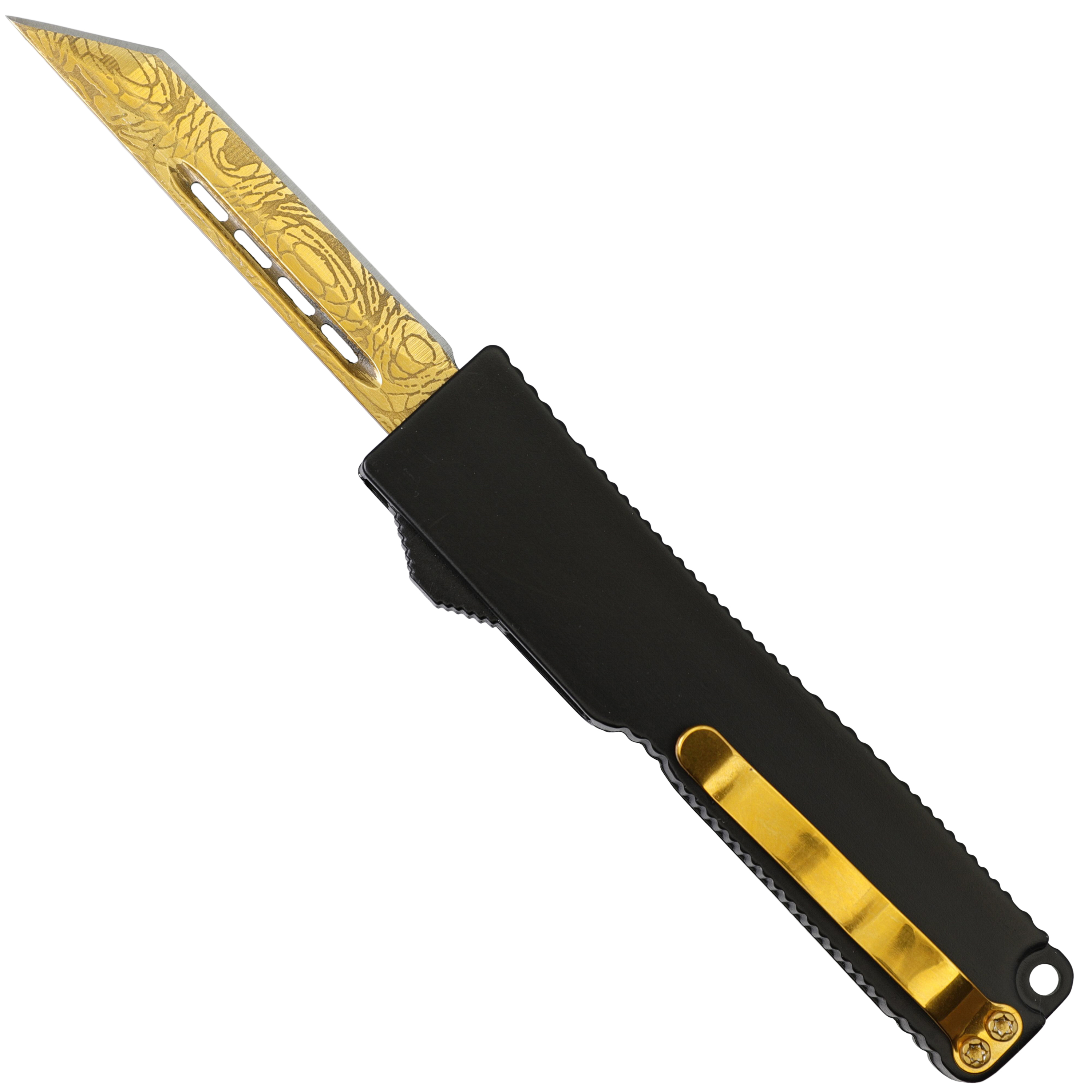 ''CALIFORNIA Legal Tanto OTF Knives ? Gold Damascus Textured Blade, Compact, & Dual Action''