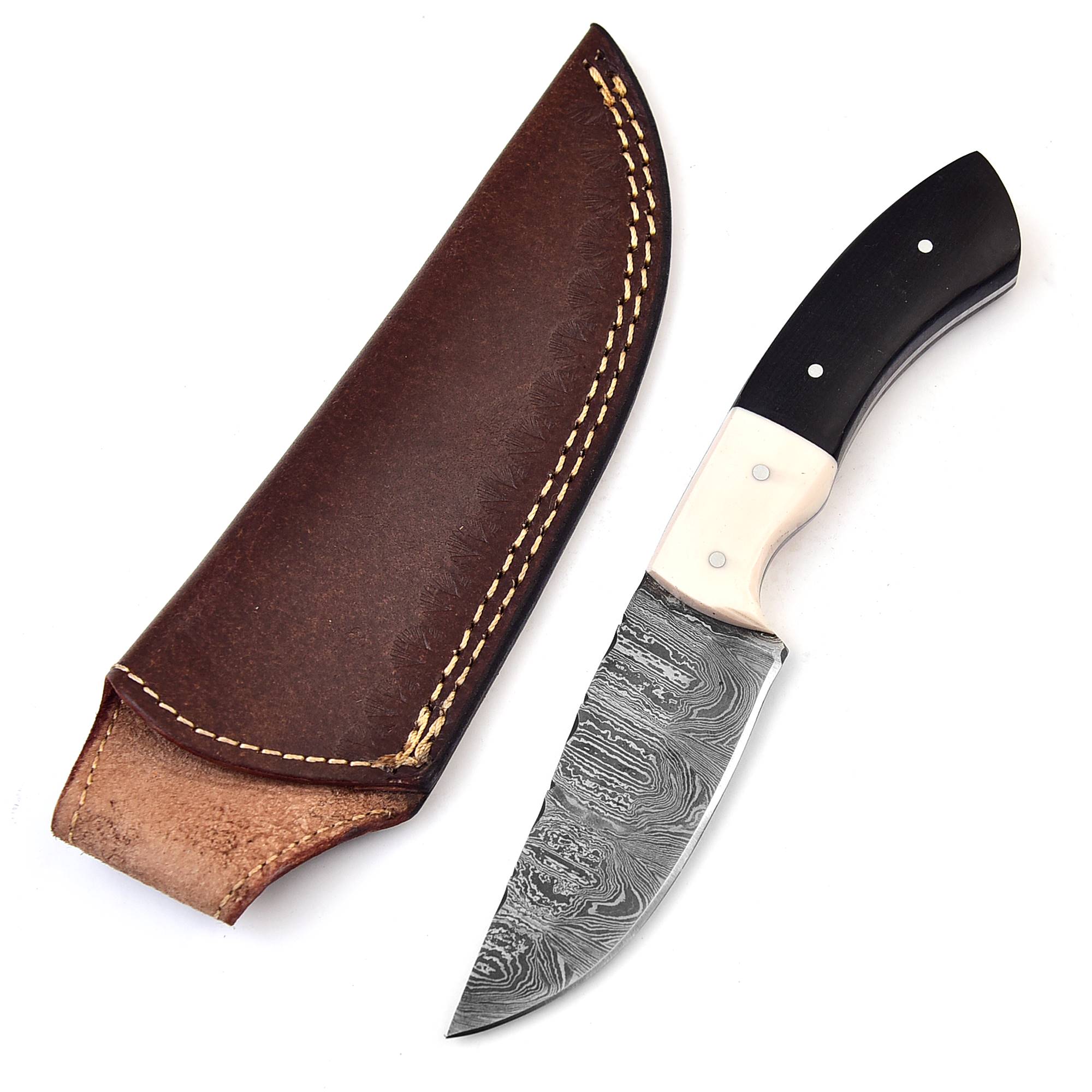 Waning Moon Damascus Steel Full Tang Hunting Knife | Leather Sheath Included