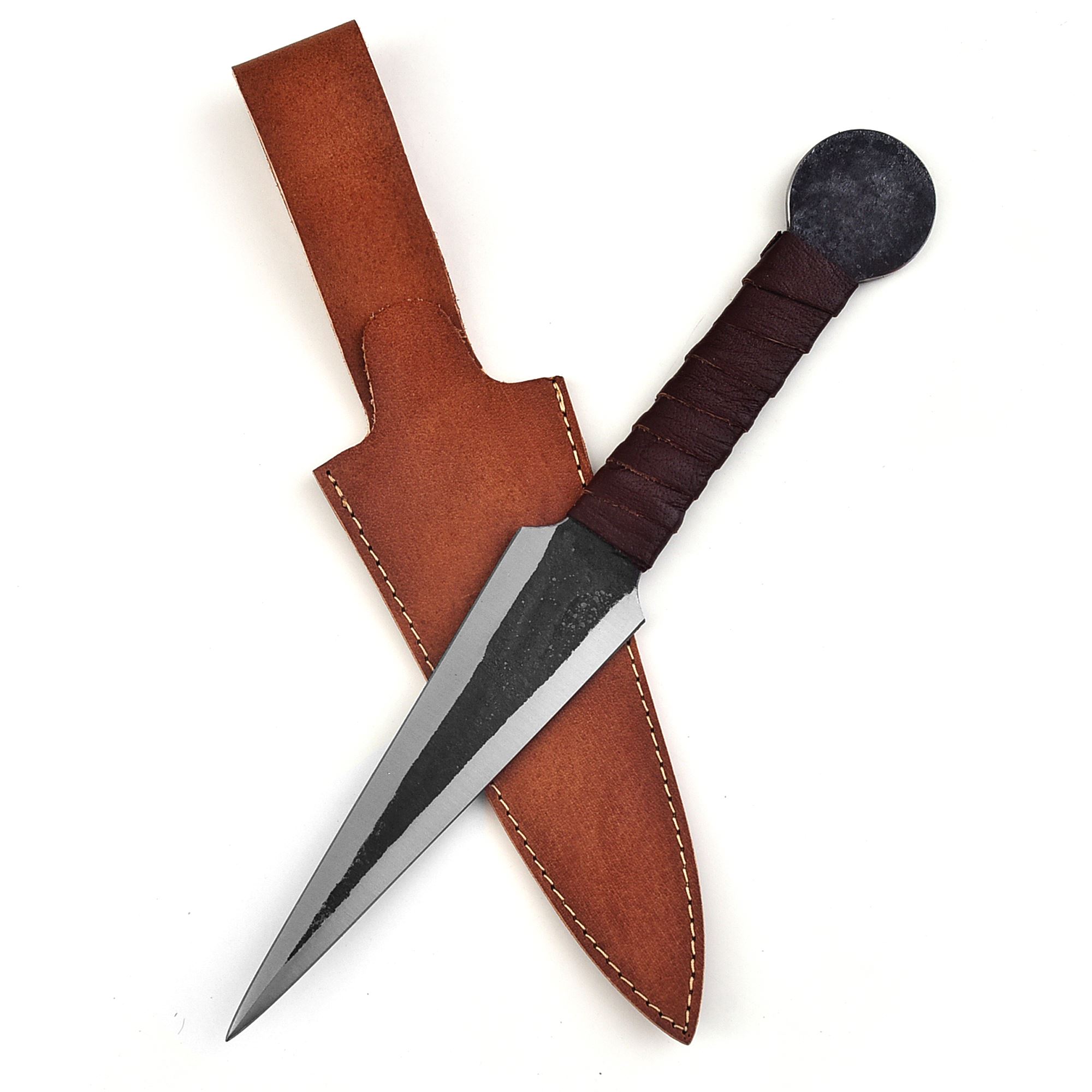 ''THROWING KNIFE Style Dagger with Carbon Steel Blade, Brown leather wrapped handle and Damascus Stee