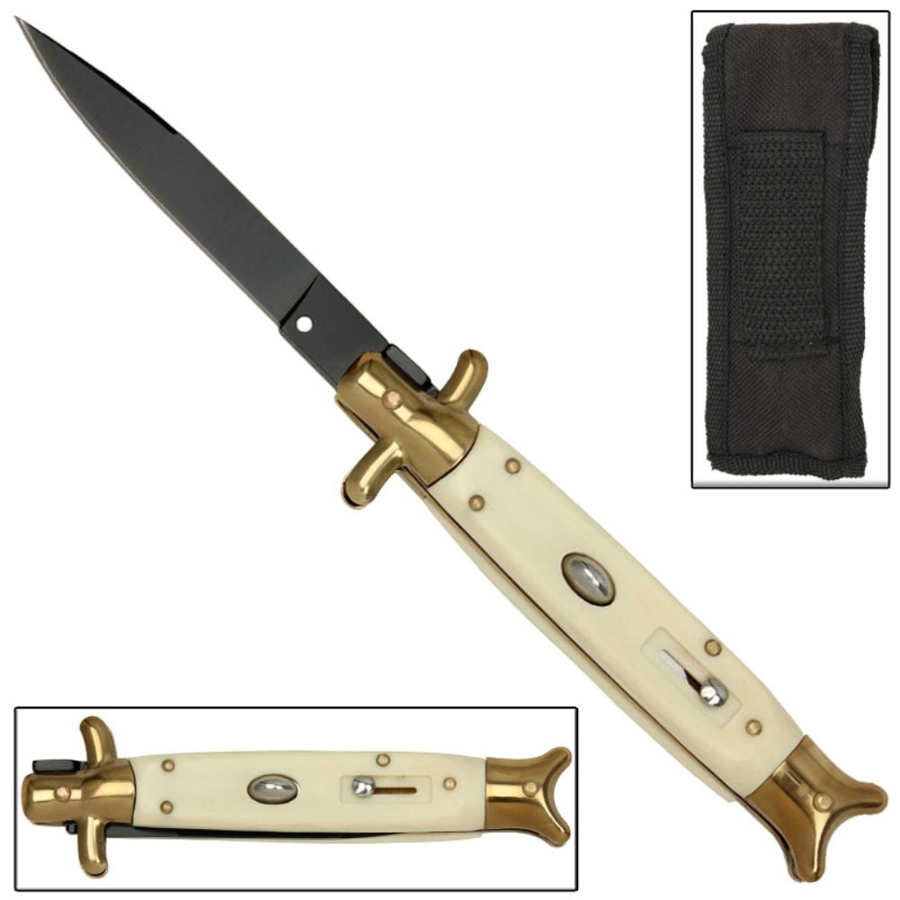 Italian Mobster SWITCHBLADE Stiletto Ivory Gold Handle Knife