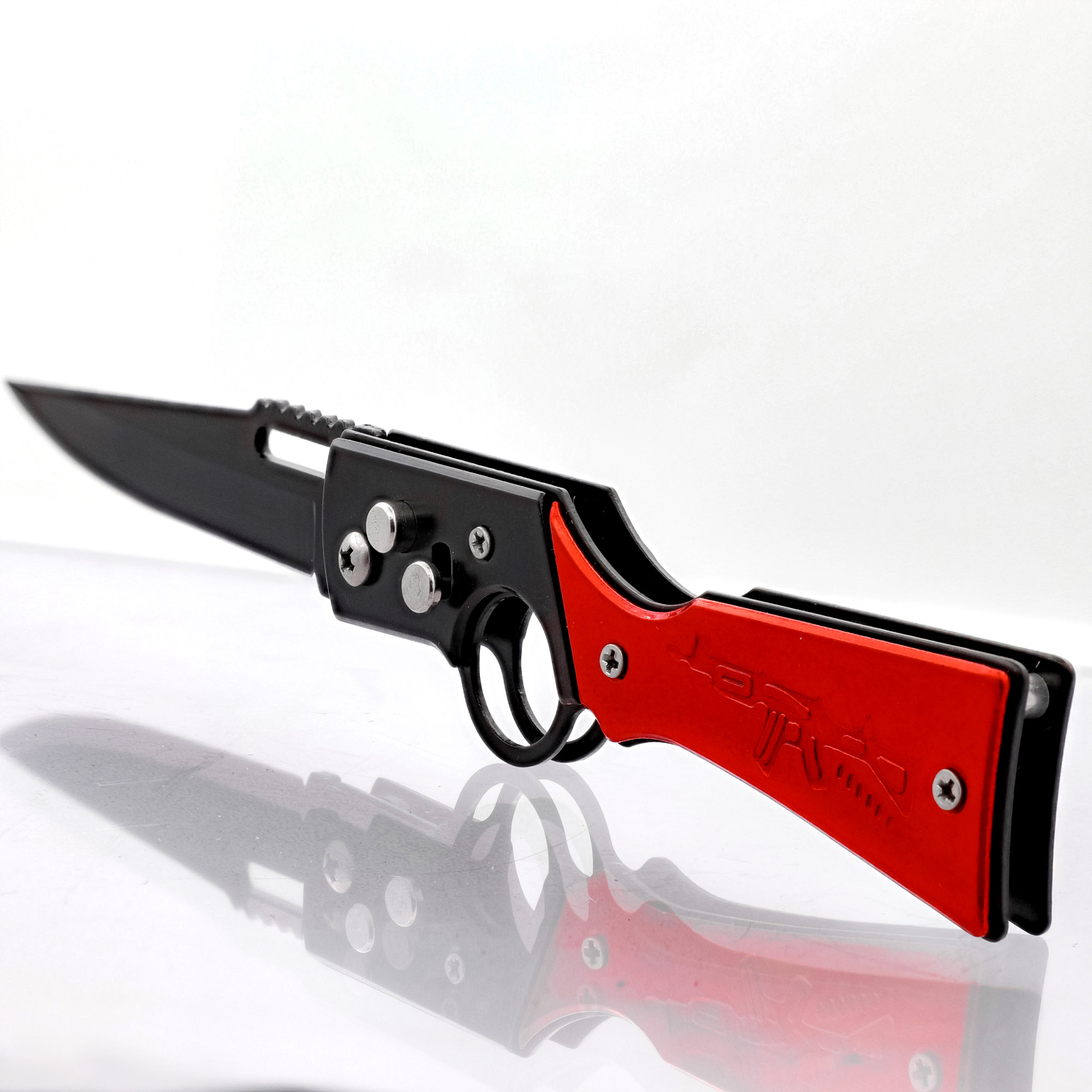 ''By Your Side Automatic Trailing Point Black Anodized Blade RED Rifle Shaped Handle Motif w/ Finger 