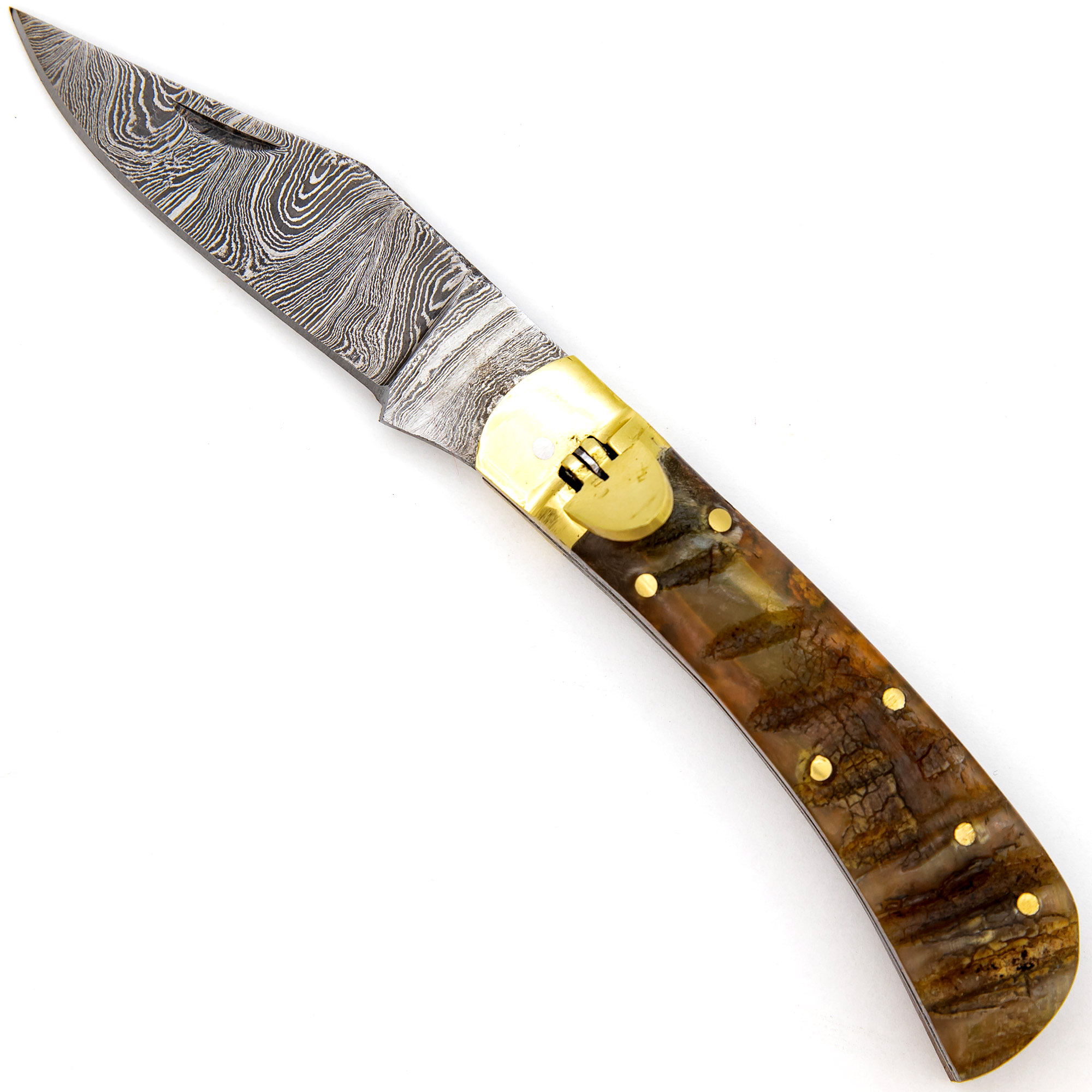 Familiar Hills Automatic Clip Point Damascus Steel Ram Horn Pocket Lever Lock KNIFE