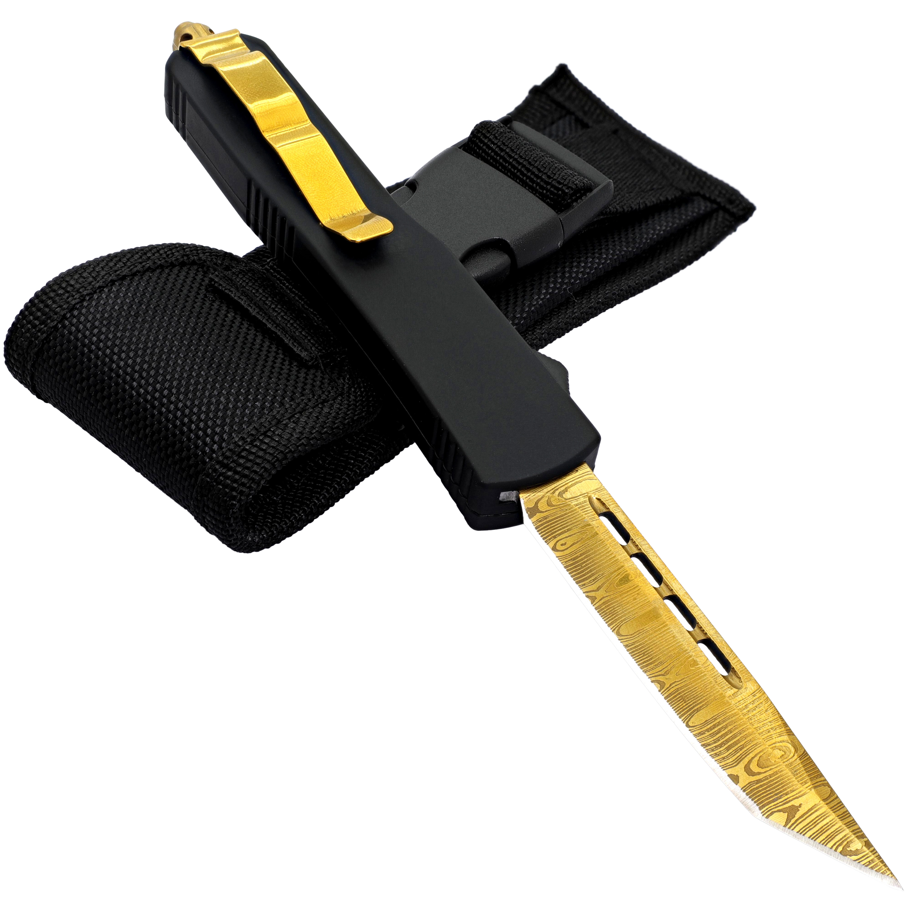 Golden Tanto OTF Knife ? Damascus Pattern Blade with Nylon Sheath