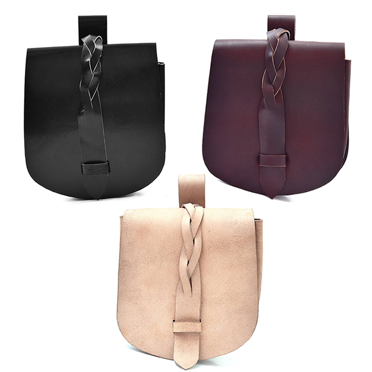 Viking-inspired leather pouch with strap closure and belt loop support