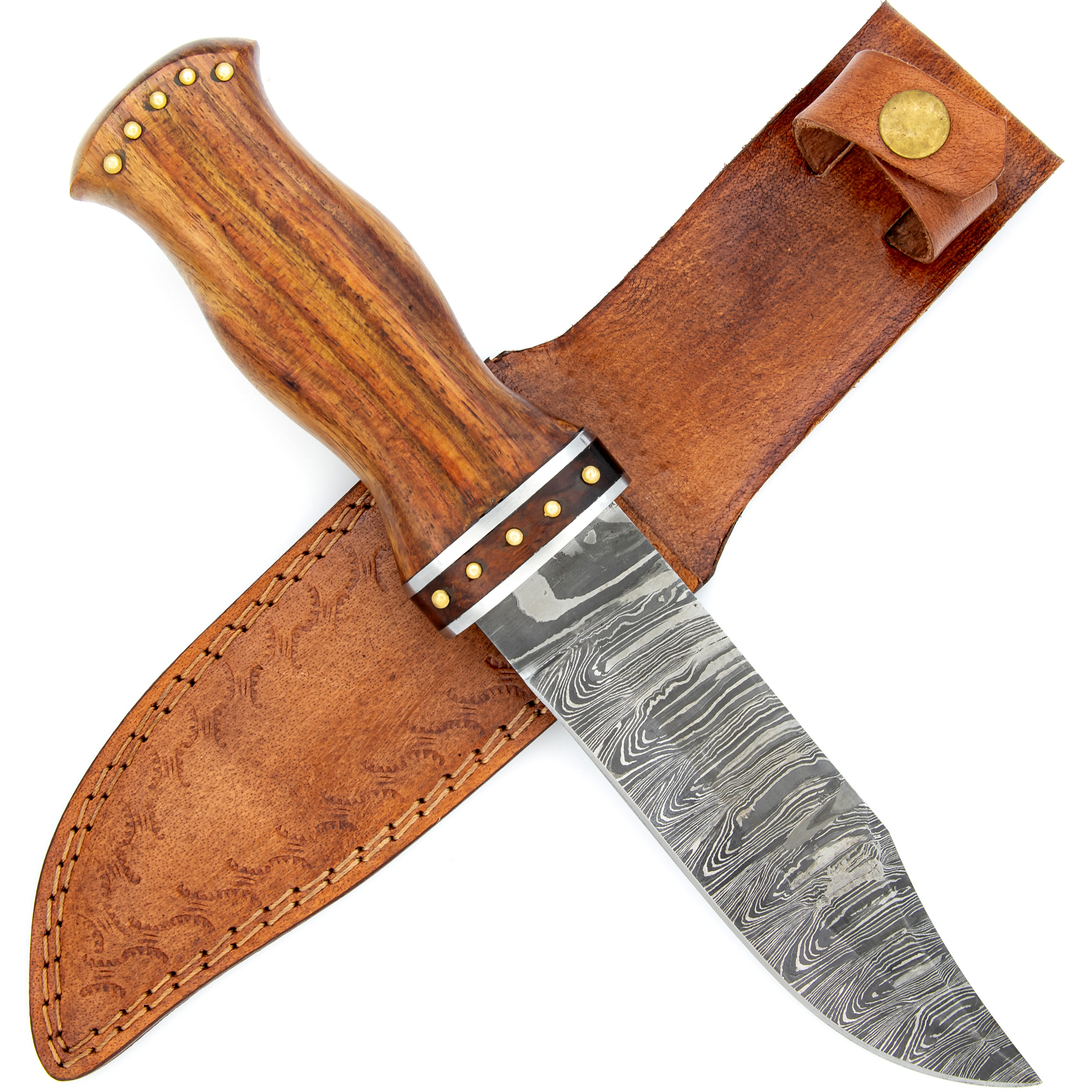 Map Trail Damascus Viking Clip Point Knife DAGGER w/ Genuine Leather Sheath