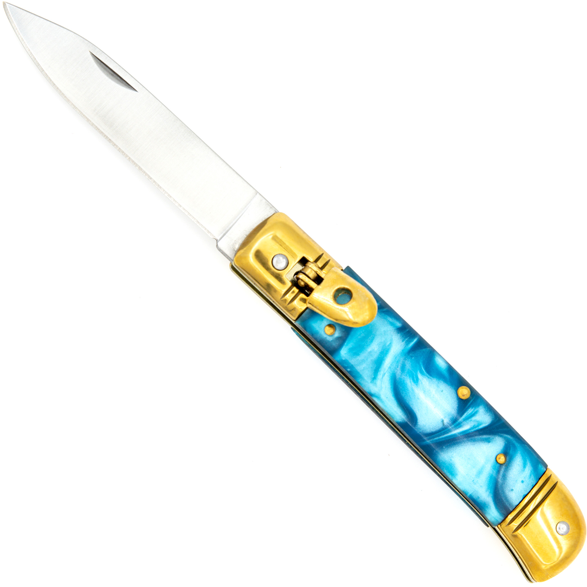 Elusive Horizon SWITCHBLADE Lever Lock Automatic Knife | Pearl Blue Handle & Gold Hardware